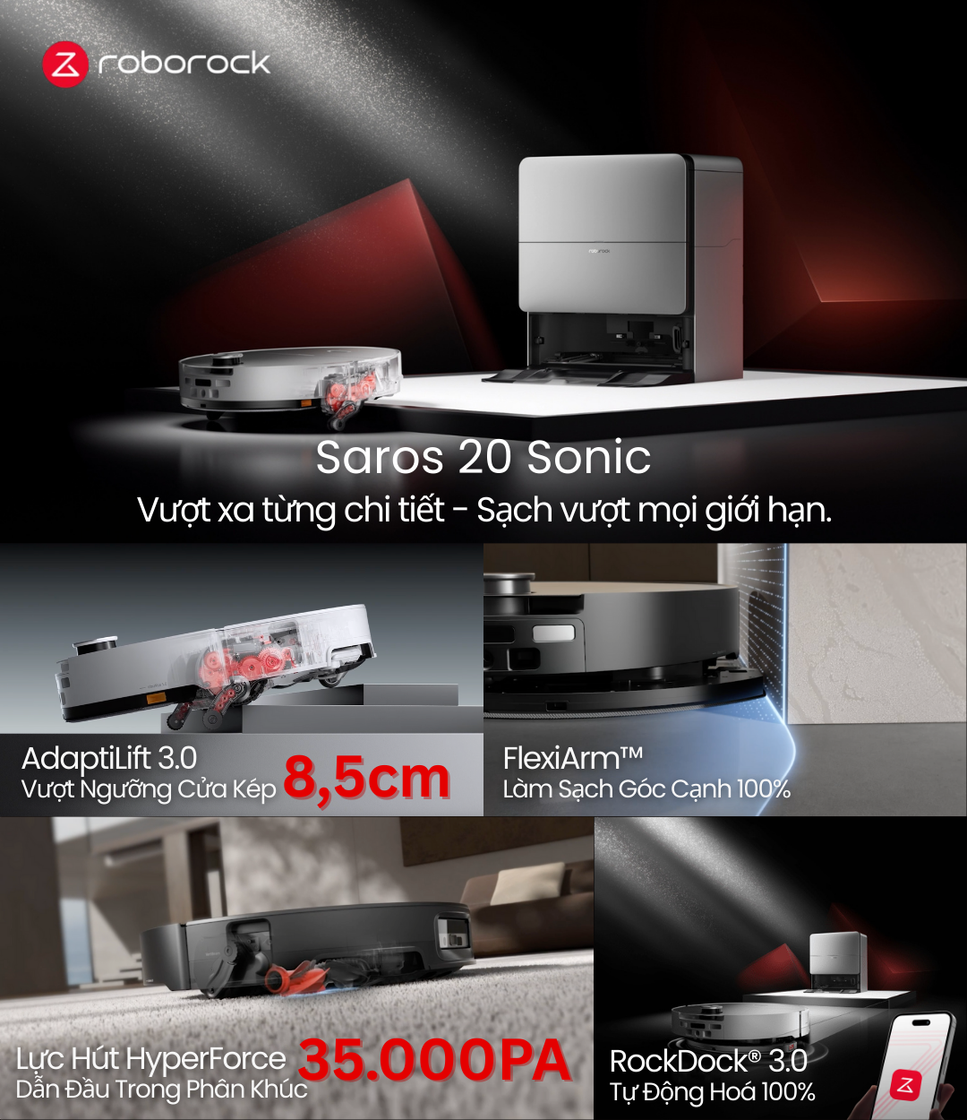 Roborock Saros 20 Sonic 2026 - Robot Hút Bụi Lau Nhà AI Cao Cấp