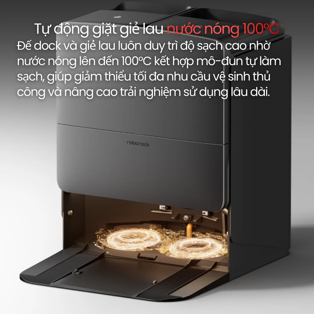 Roborock Saros 20 - giặt giẻ và làm sạch dock bằng nước nóng 100 độ C