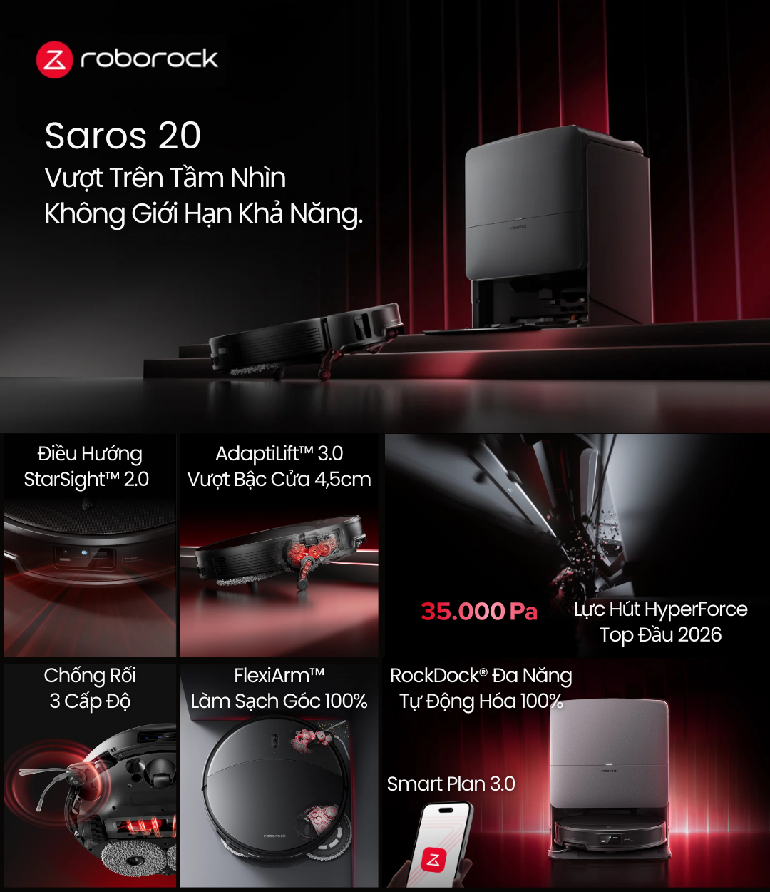Roborock Saros 20 – Robot Hút Bụi Lau Nhà Flagship Mạnh Nhất 2026