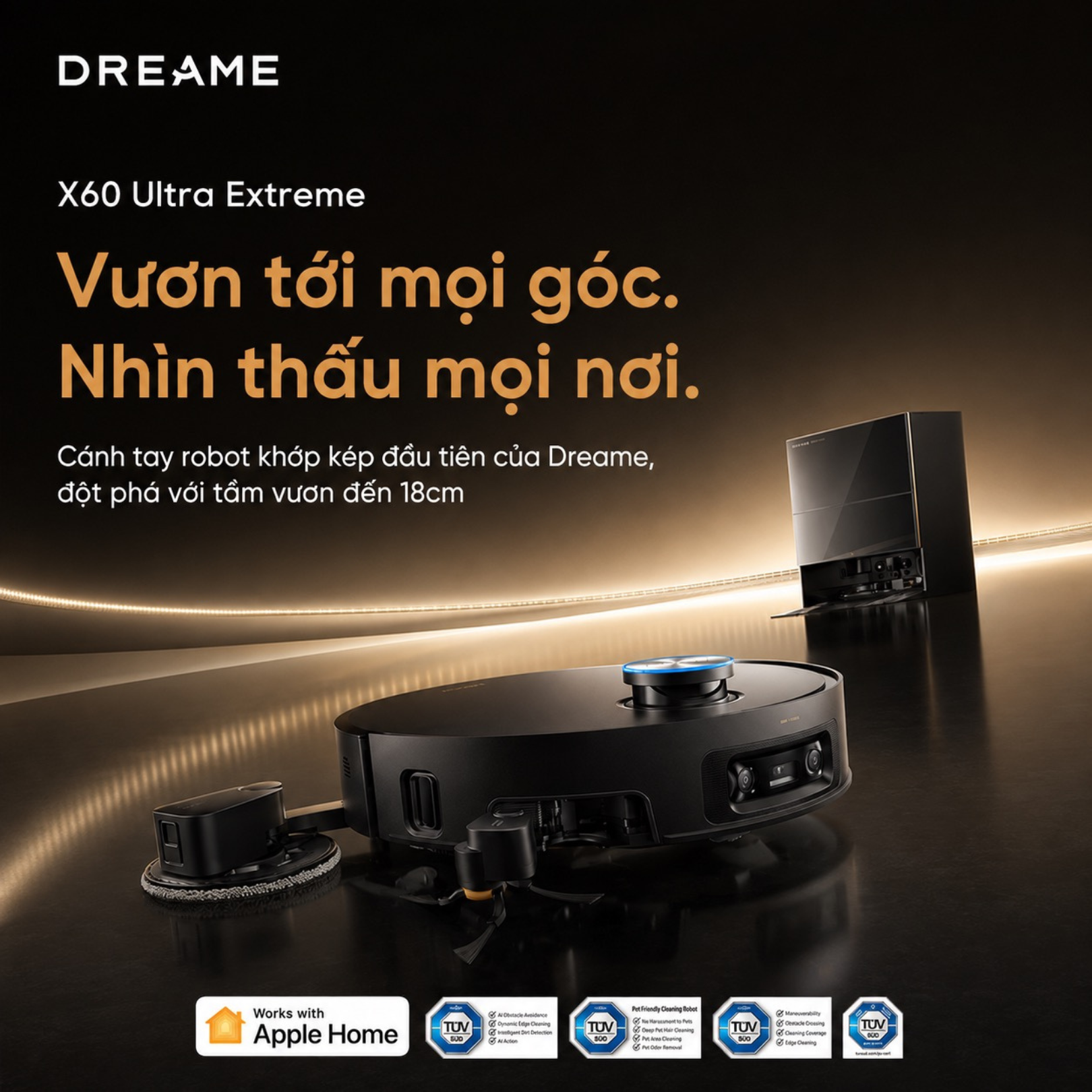 Dreame X60 Ultra Extreme: Robot hút bụi flagship 42.000Pa, vươn giẻ 18cm và vượt chướng ngại vật 10cm