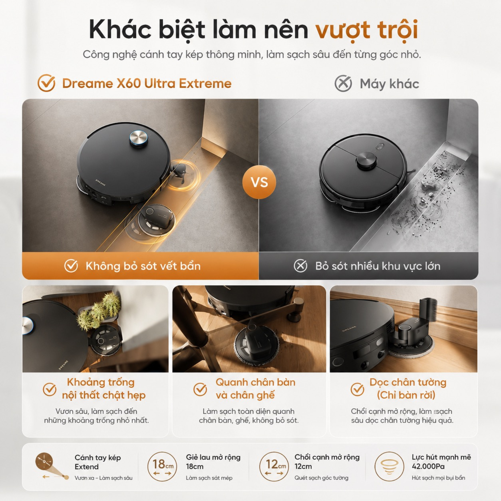 Làm sạch quanh chân bàn và đồ nội thất phức tạp