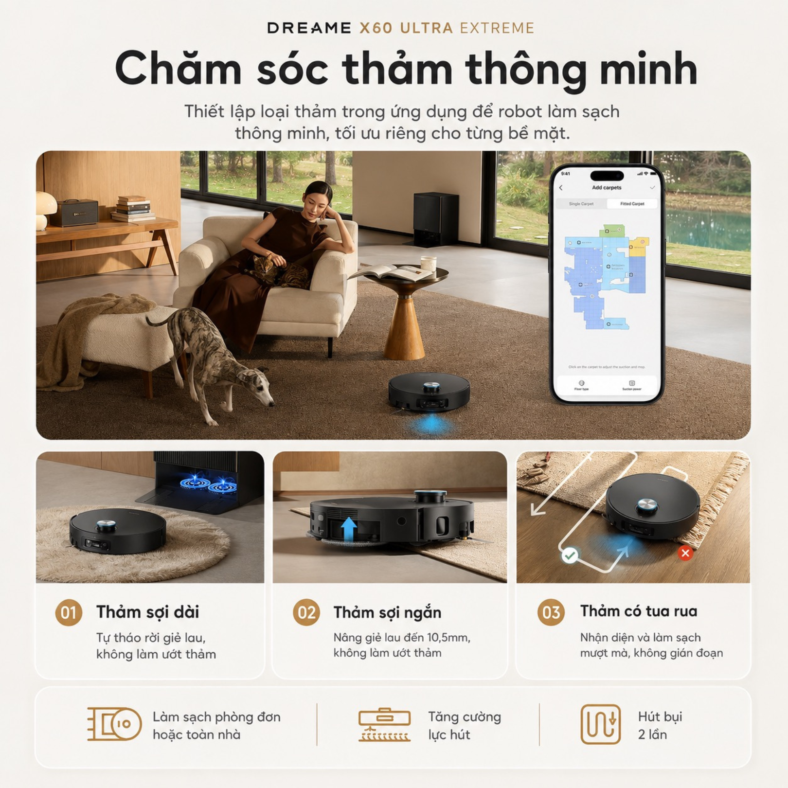  Tự động nhận diện và chăm sóc thảm