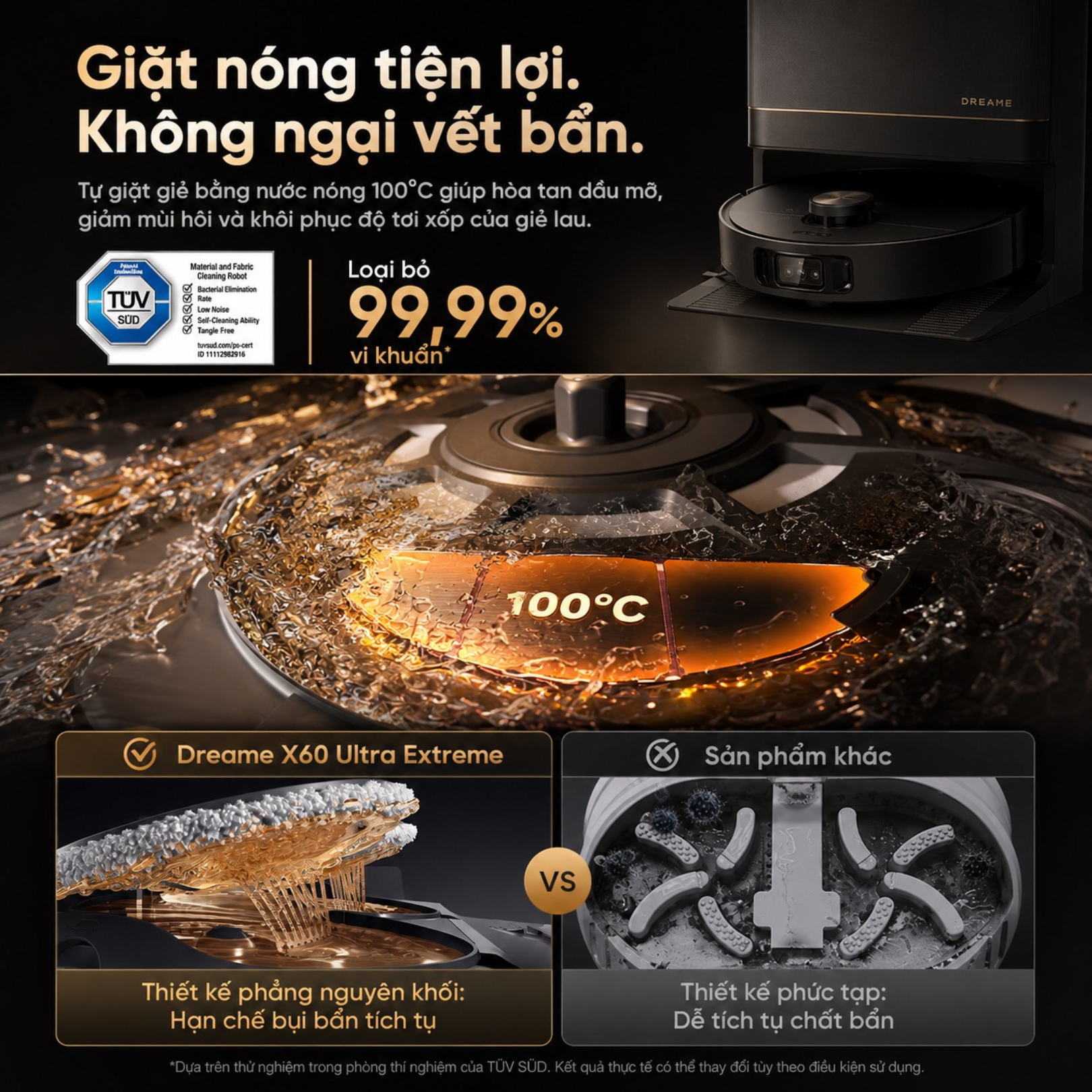 Dock của X60 Ultra Extreme hỗ trợ giặt giẻ bằng nước nóng lên tới 100°C