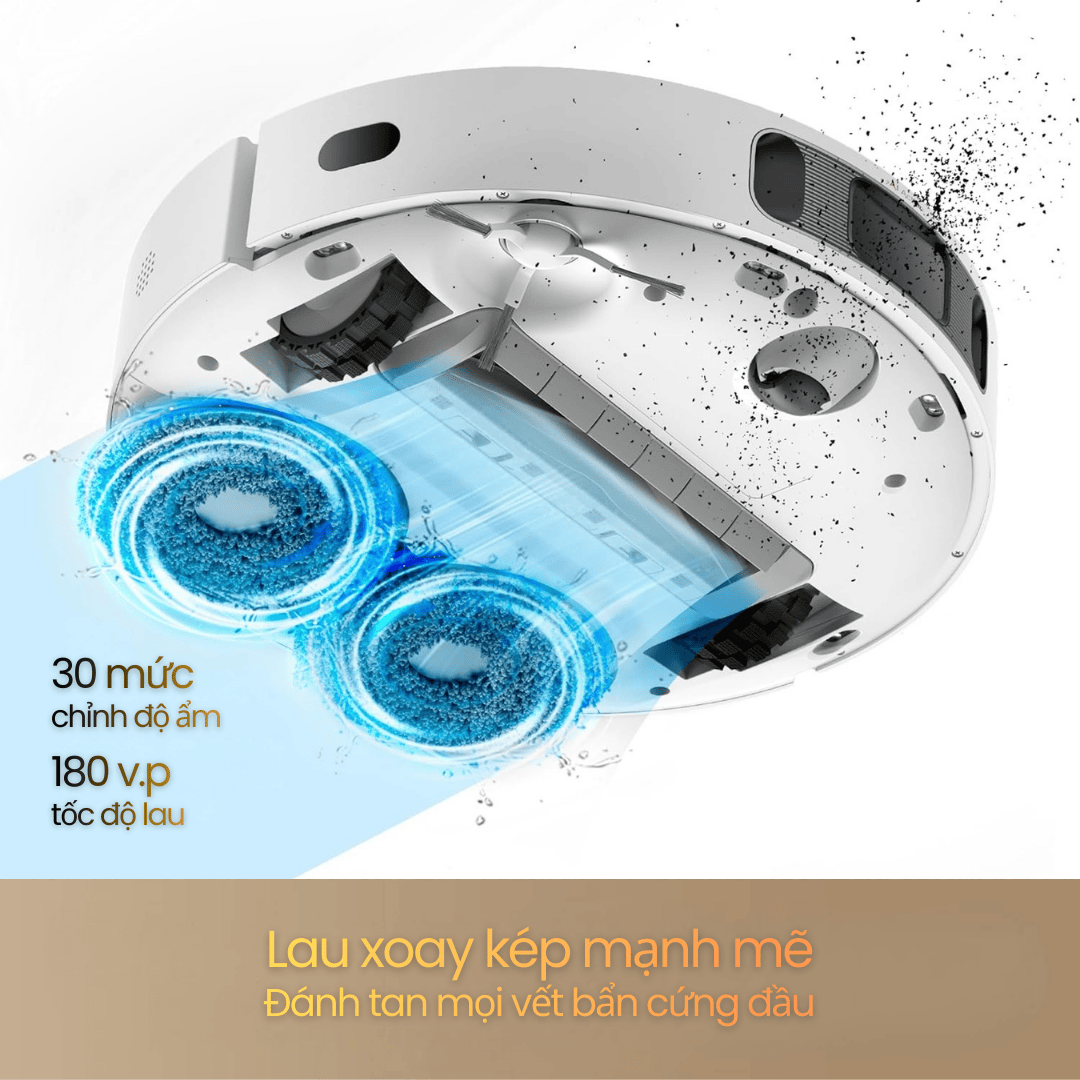 Hai mâm lau xoay tốc độ cao, kết hợp lực ép, xử lý vết bẩn cứng đầu