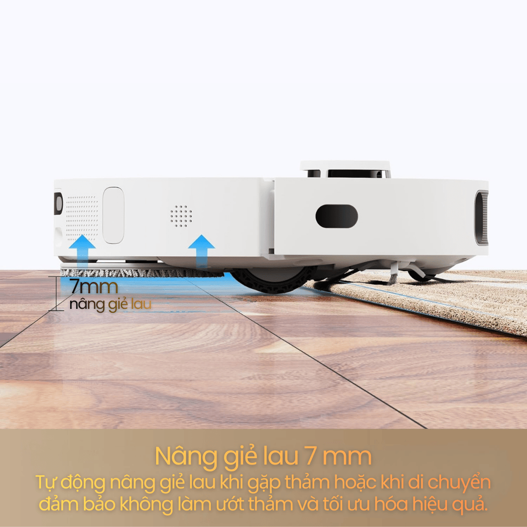 Tự động nâng giẻ lau 7 mm khi gặp thảm, đồng thời tăng lực hút để giữ sàn khô và sạch.