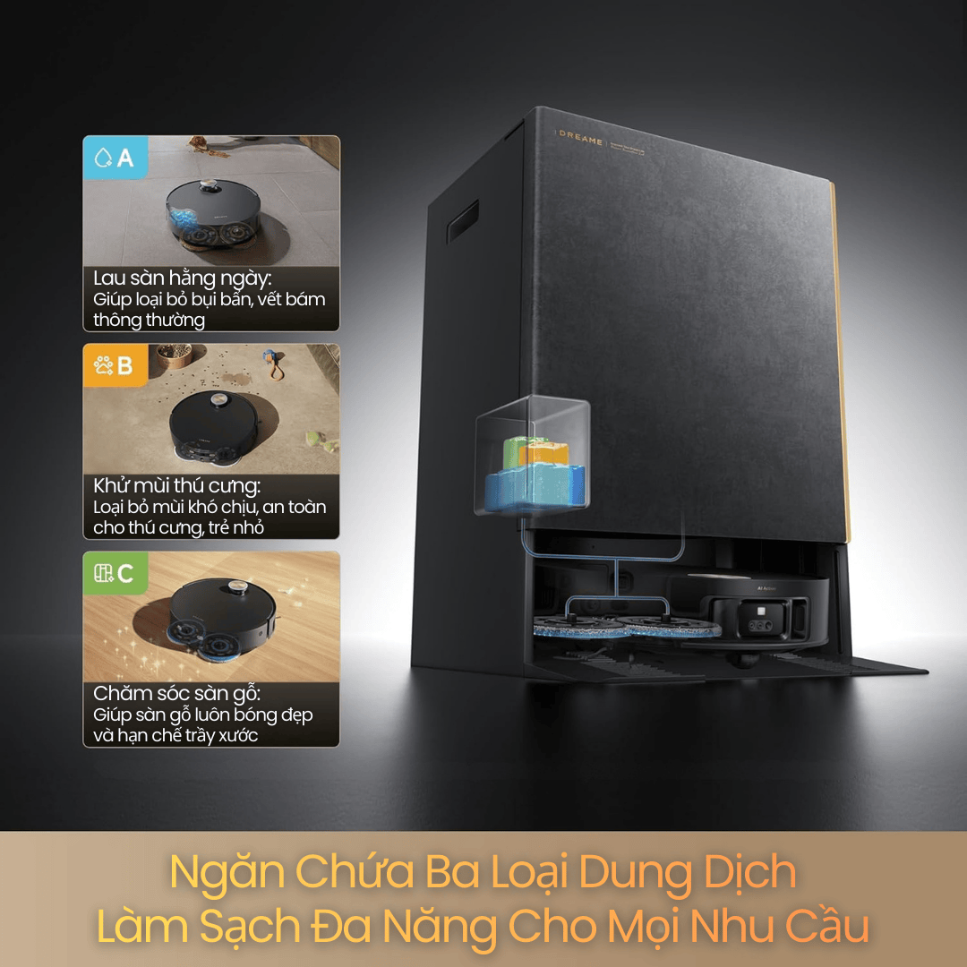 Ngăn chứa 3 dung dịch – Làm sạch tuỳ chỉnh theo từng loại sàn