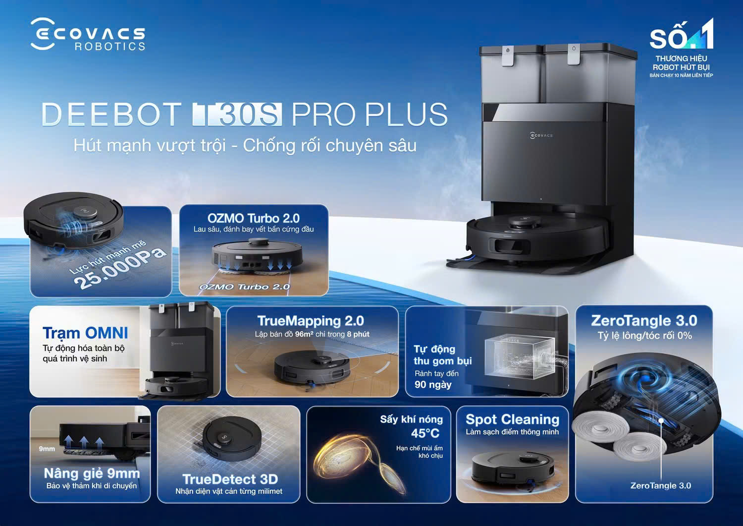 Ecovacs Deebot T30S Pro Plus - Robot Hút Bụi Lau Nhà 25.000Pa, ZeroTangle 3.0 Chống Rối, Trạm OMNI Tự Động