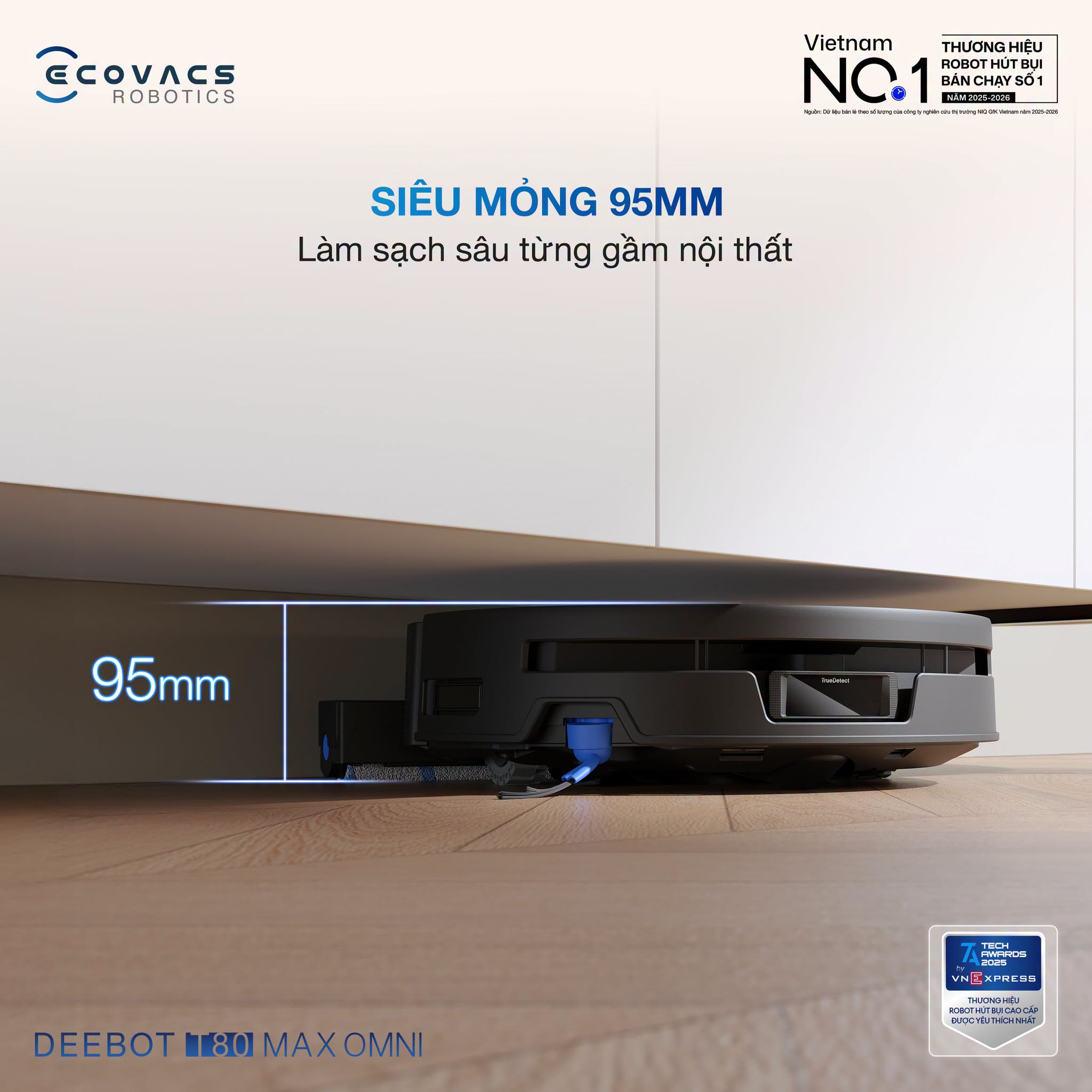 dToF LiDAR tích hợp - thân robot chỉ cao 95mm