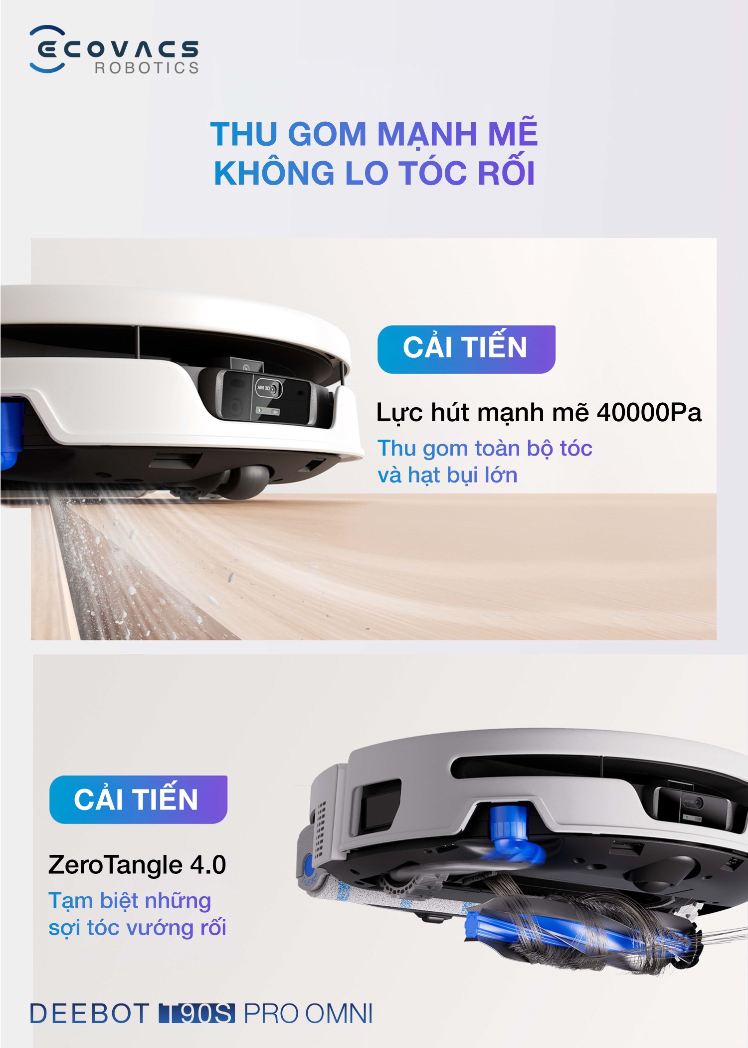 Ecovacs DEEBOT T90S Pro OMNI: thu gom mạnh mẽ, không lo rối tóc