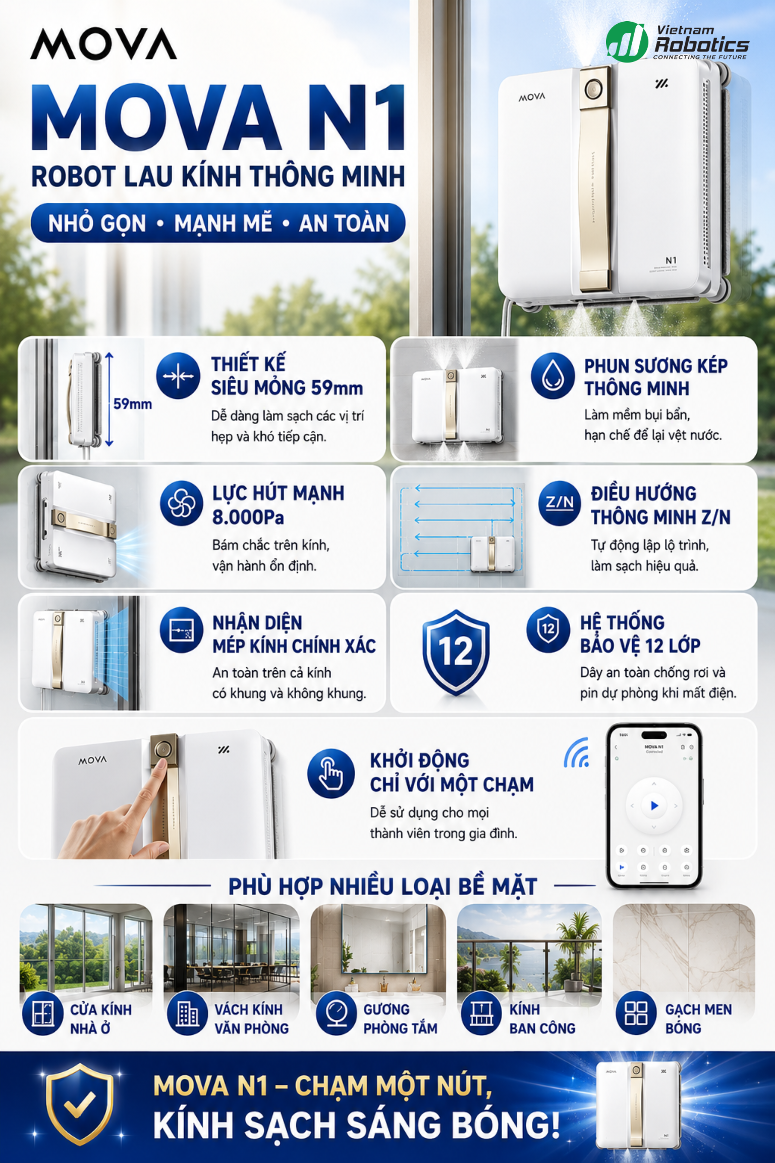 Robot Lau Kính Thông Minh Mova N1 - Nhỏ Gọn, Lau Sạch, An Toàn Tuyệt Đối