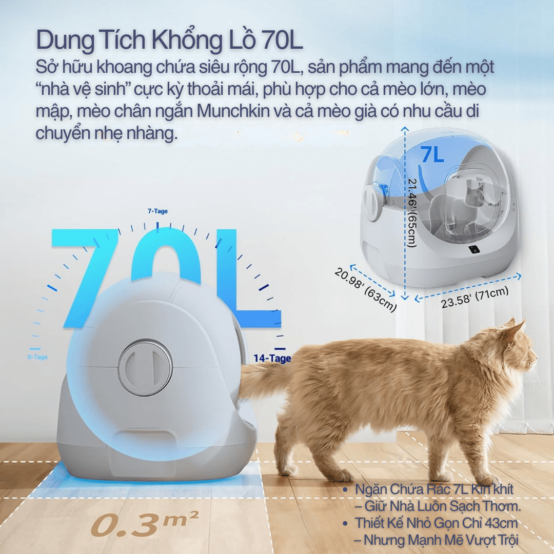 Dung Tích 70L Rộng Rãi – Phù Hợp Cho Mèo 1,5–10kg