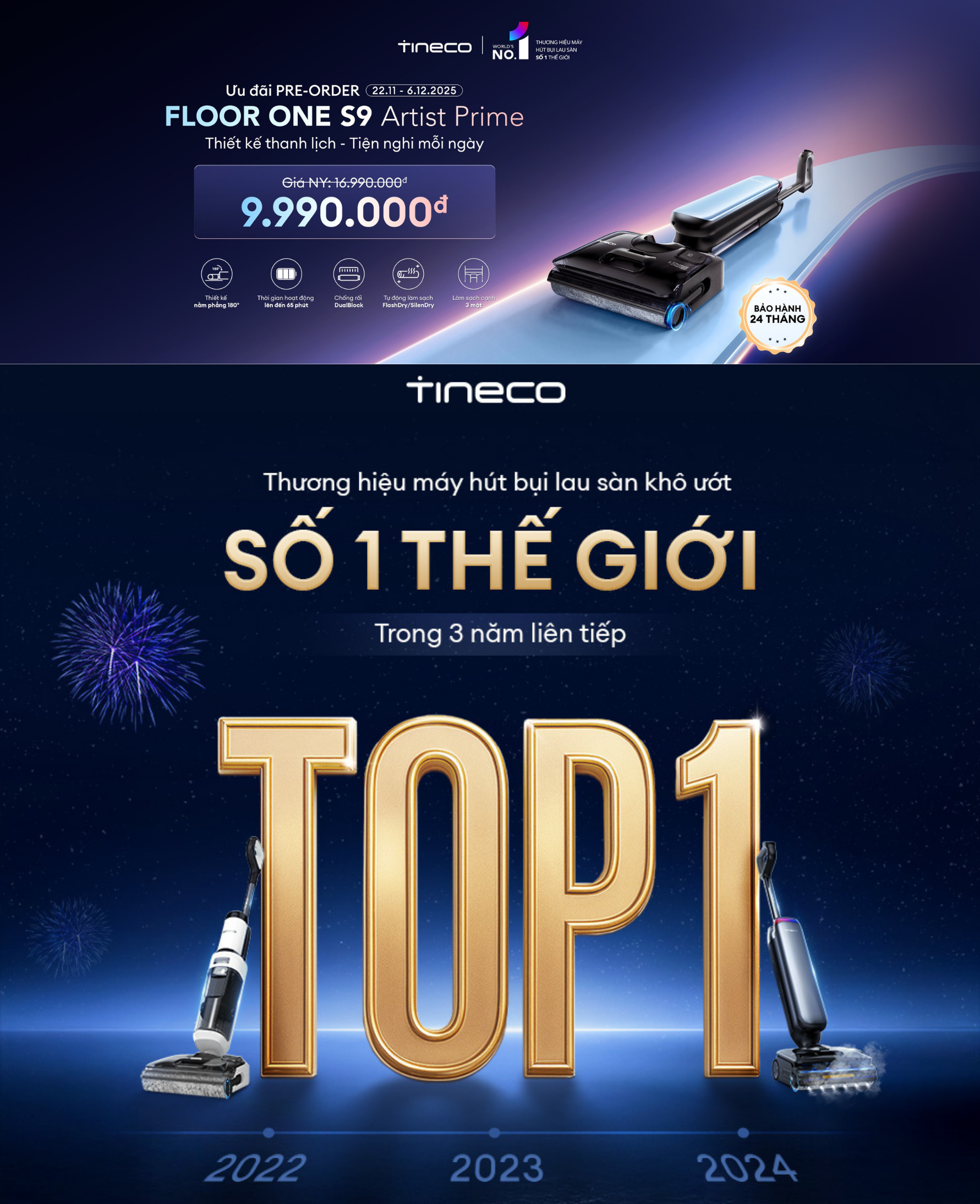 Máy Hút Bụi Lau Sàn Khô Ướt Tineco Floor One S9 Artist Prime - BH 2 năm