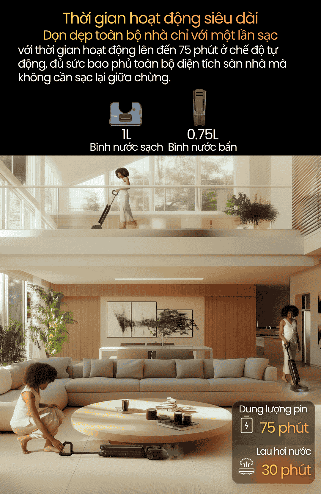 thời gian hoạt động lên đến 75'