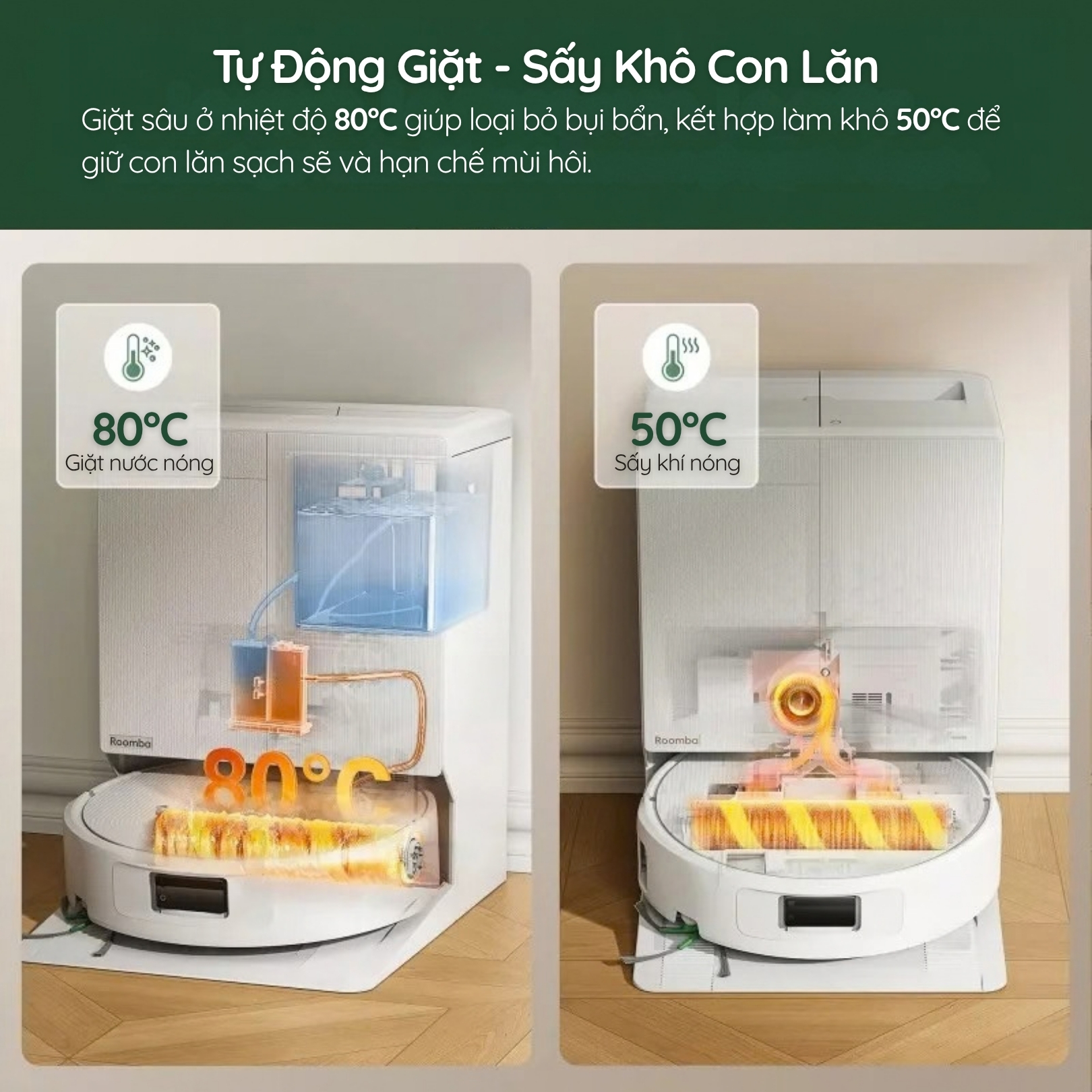 Giặt con lăn bằng nước nóng 80°C, sấy khí nóng 50°C