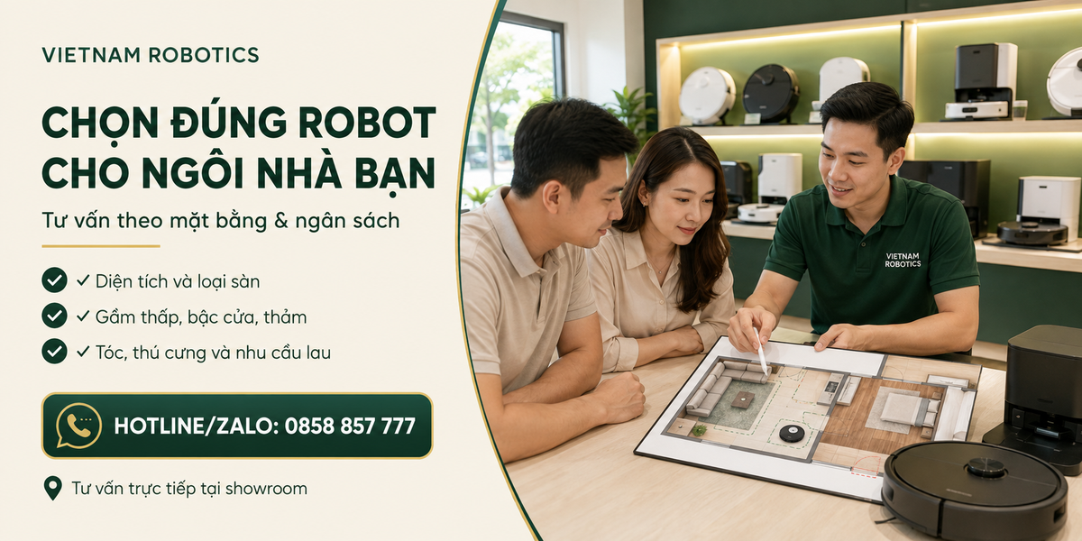 Vietnam Robotics hỗ trợ tư vấn theo diện tích, loại sàn, tóc - thú cưng, gầm thấp, bậc cửa và ngân sách