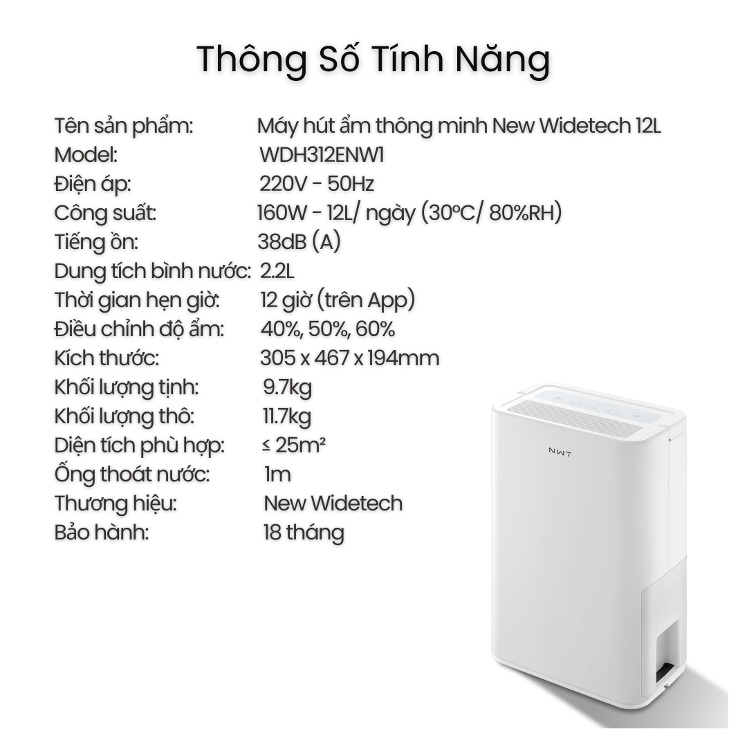 Máy Hút Ẩm Xiaomi New Widetech 12L thông số, tính năng