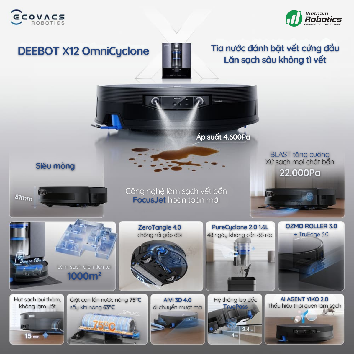 Ecovacs Deebot X12 OmniCyclone là thế hệ robot hút bụi lau nhà mới nhất của Ecovacs, mang đến bước tiến vượt bậc trong công nghệ làm sạch tự động.