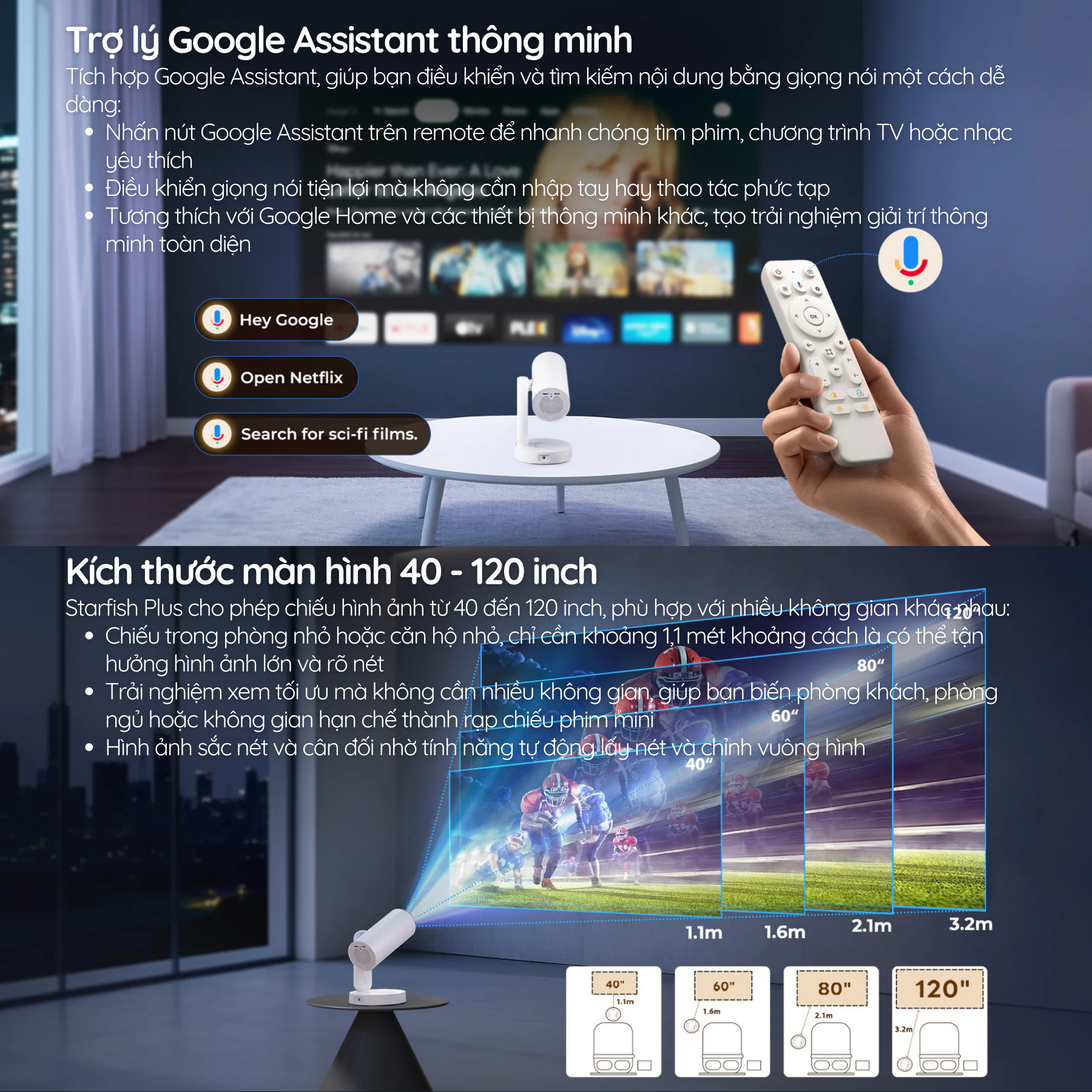 Trợ lý Google Assistant thông minh, Kích thước màn hình 40 - 120 inch
