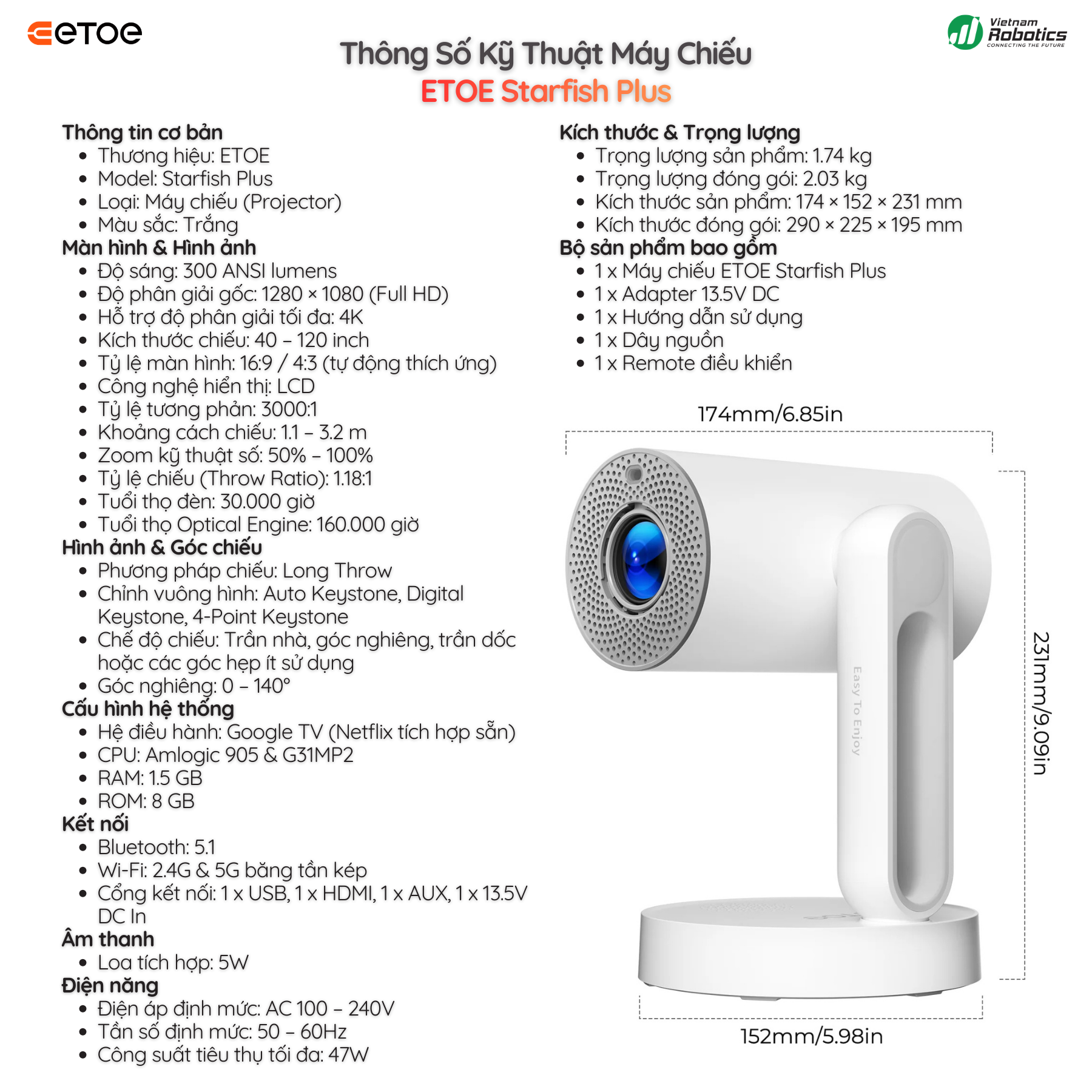 ETOE Starfish Plus - thông số kỹ thuật