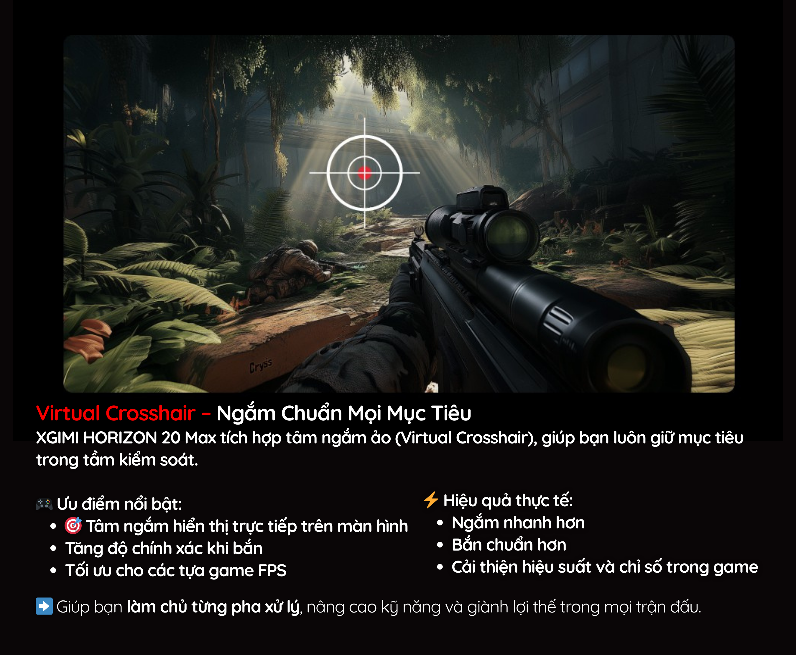 HORIZON 20 Max tích hợp tâm ngắm ảo (Virtual Crosshair), giúp bạn luôn giữ mục tiêu trong tầm kiểm soát.