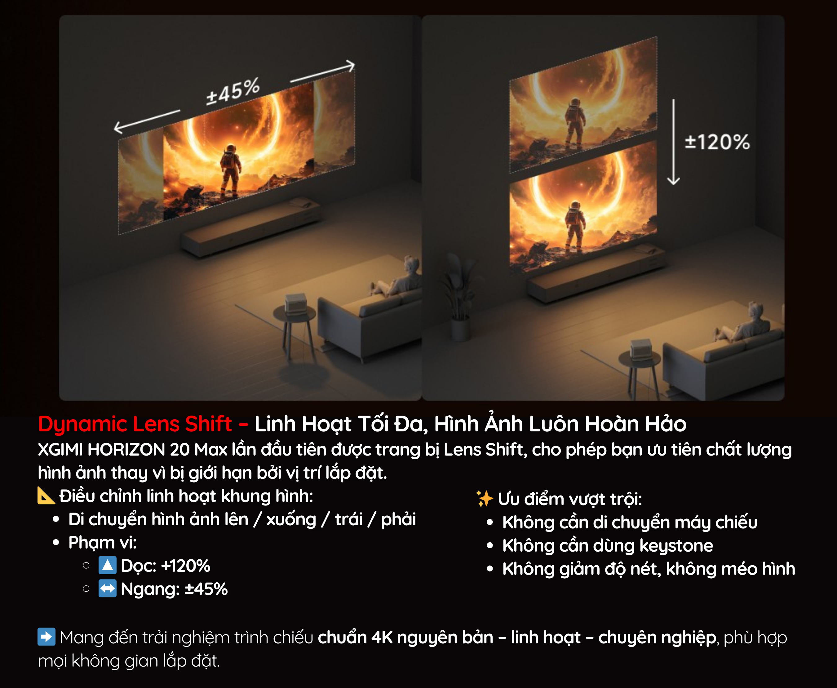 XGIMI HORIZON 20 Max lần đầu tiên được trang bị Lens Shift, cho phép bạn ưu tiên chất lượng hình ảnh thay vì bị giới hạn bởi vị trí lắp đặt.