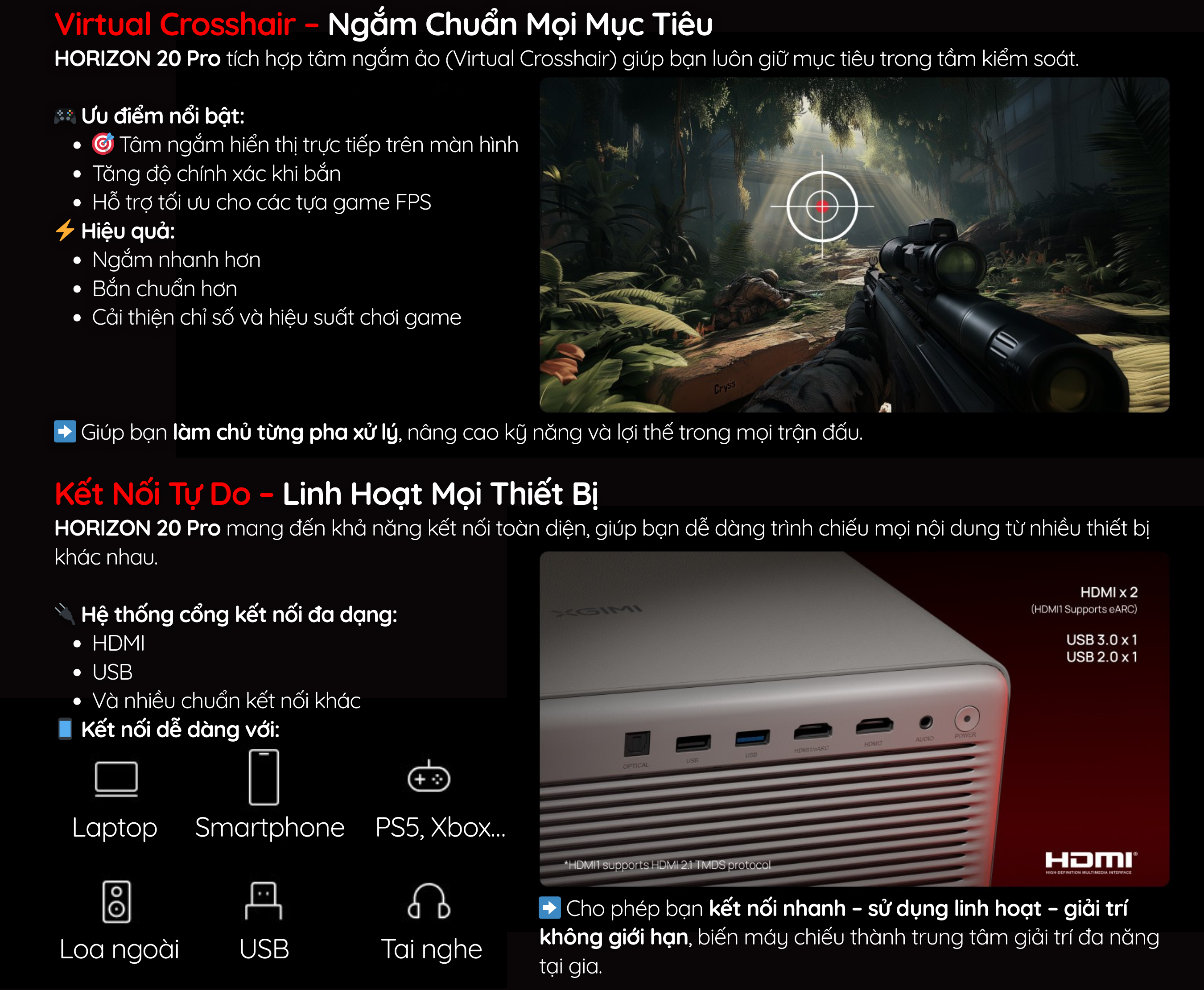 HORIZON 20 Pro mang đến khả năng kết nối toàn diện, giúp bạn dễ dàng trình chiếu mọi nội dung từ nhiều thiết bị khác nhau.