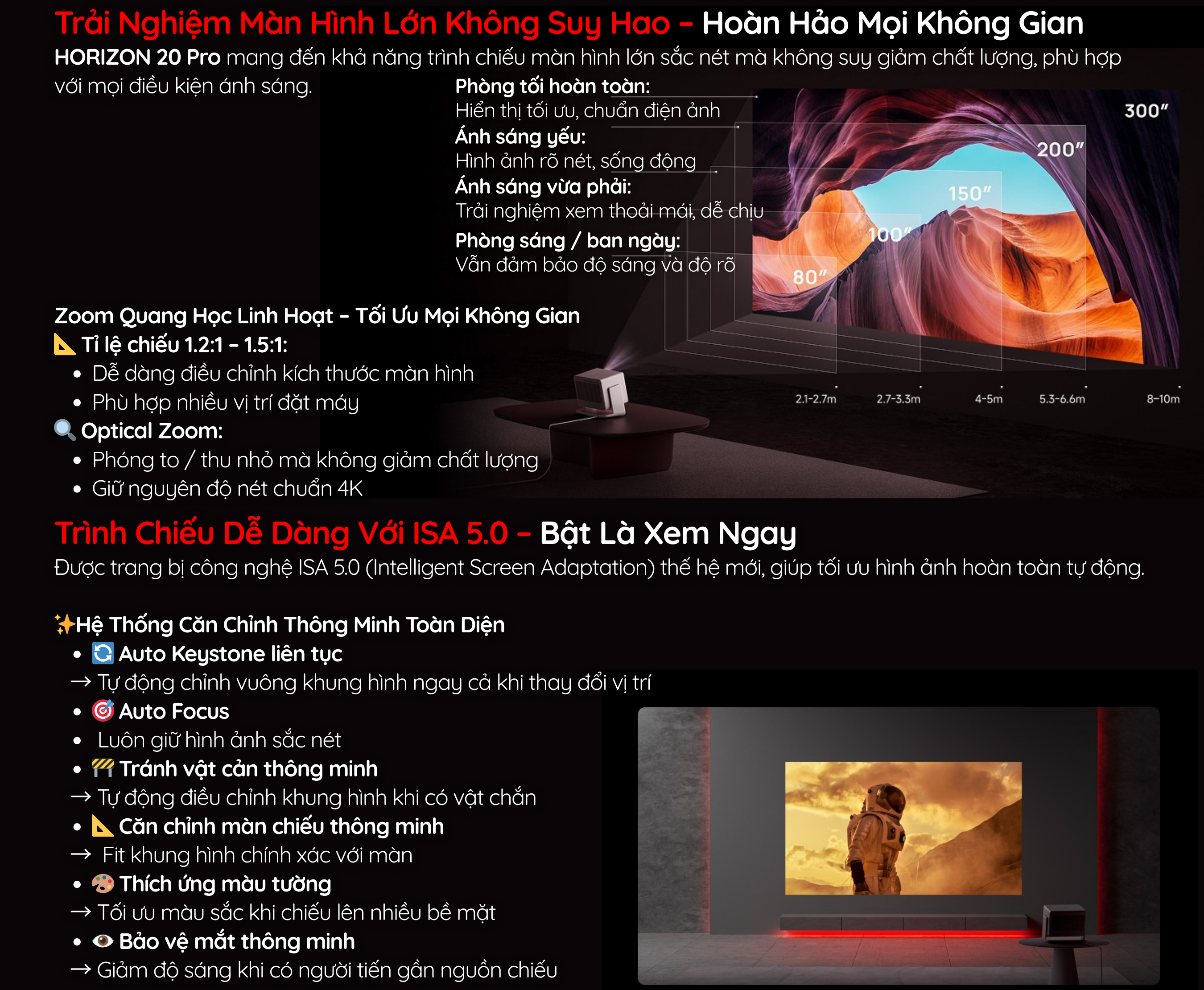 HORIZON 20 Pro mang đến khả năng trình chiếu màn hình lớn sắc nét mà không suy giảm chất lượng, phù hợp với mọi điều kiện ánh sáng.