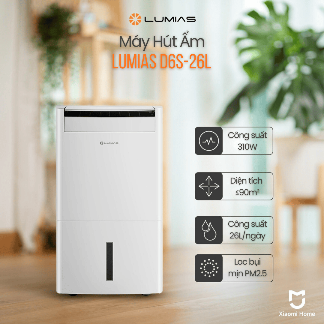 Máy hút ẩm Lumias D6S - 26L - 90m² - Giải pháp hút ẩm & lọc không khí toàn diện cho không gian lớn