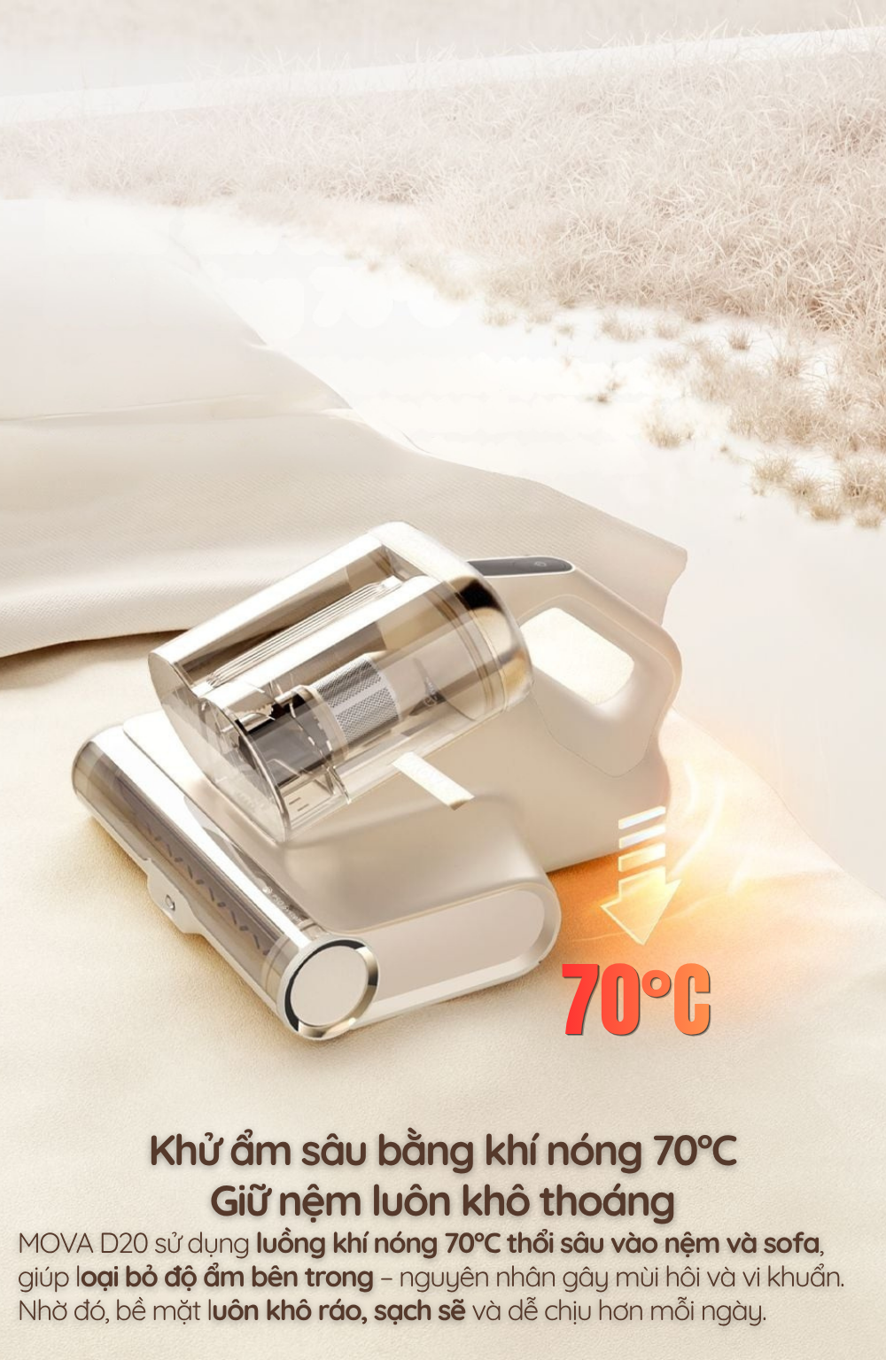 Khử ẩm sâu bằng khí nóng 70°C Giữ nệm luôn khô thoáng