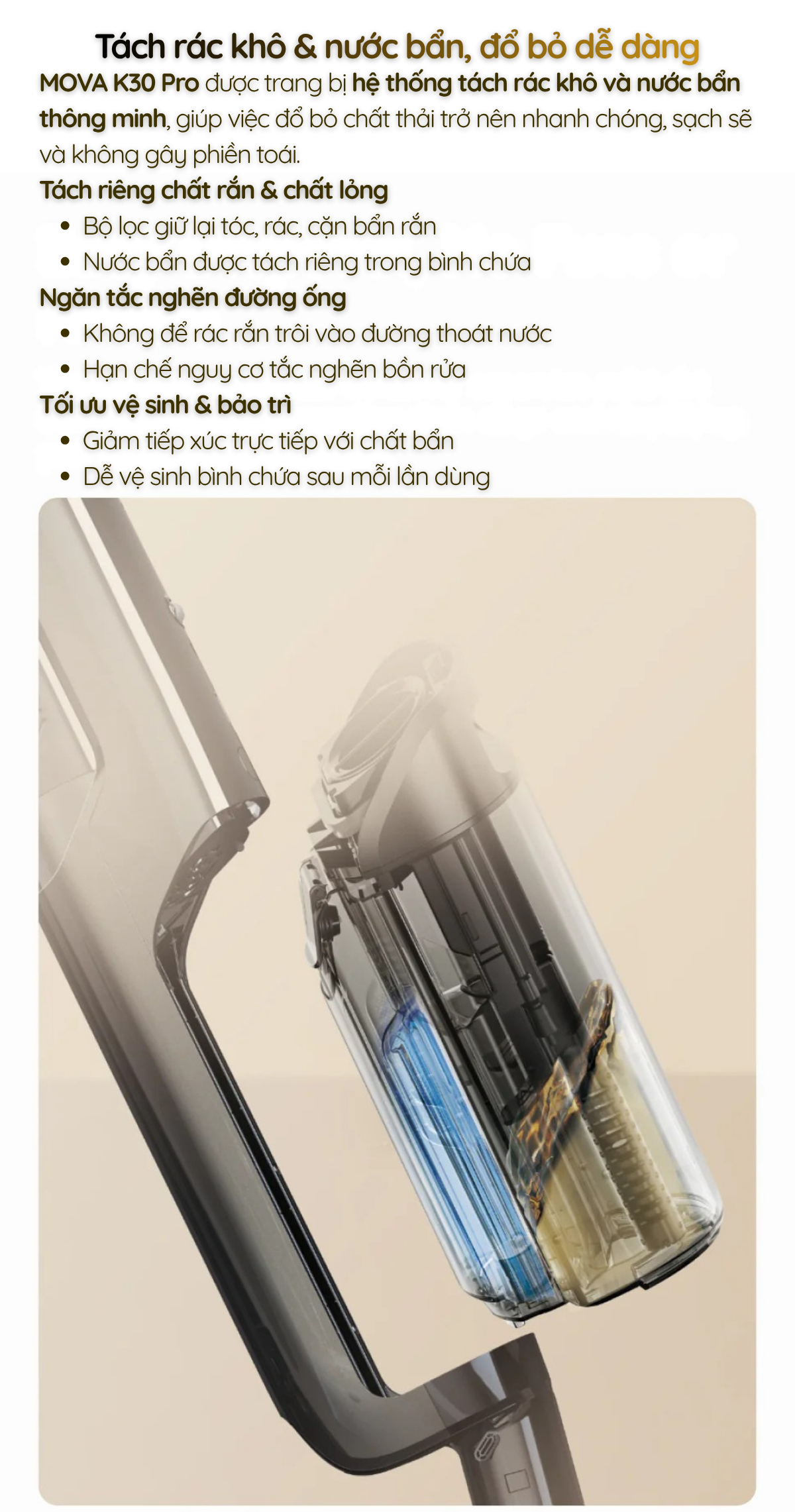 MOVA K30 Pro được trang bị hệ thống tách rác khô và nước bẩn thông minh