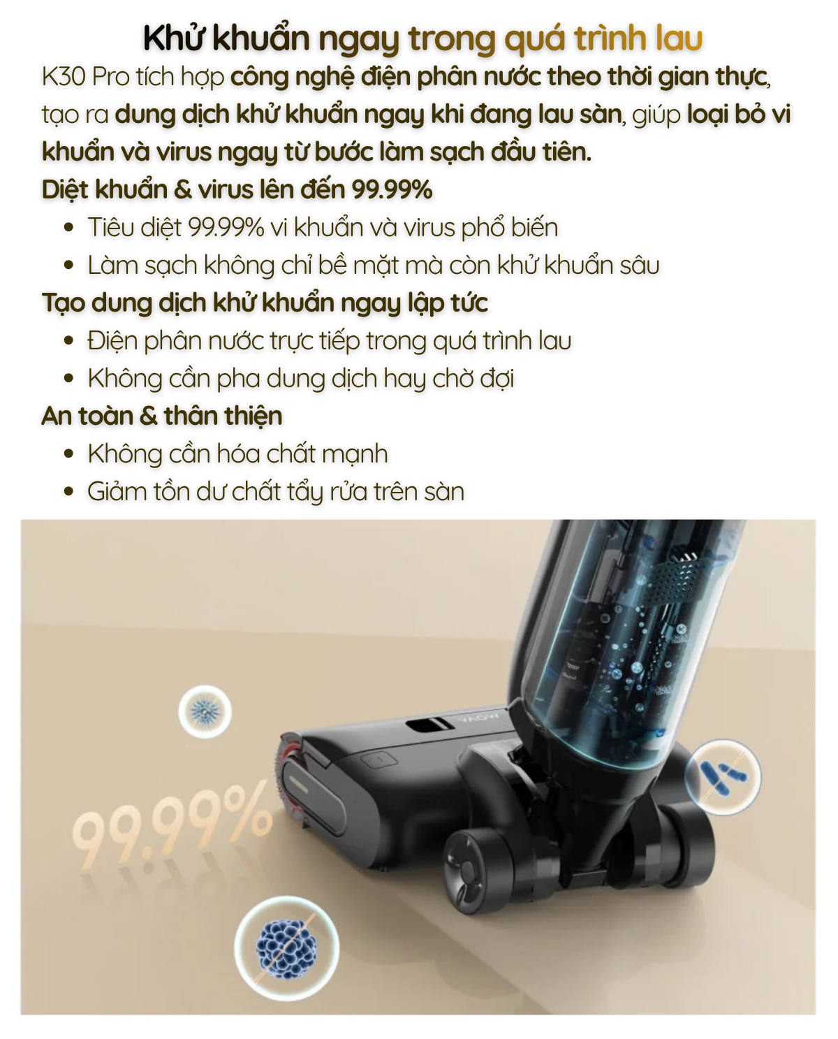 MOVA K30 Pro - Khử mùi hiệu quả Giảm mùi hôi từ nước bẩn & con lăn