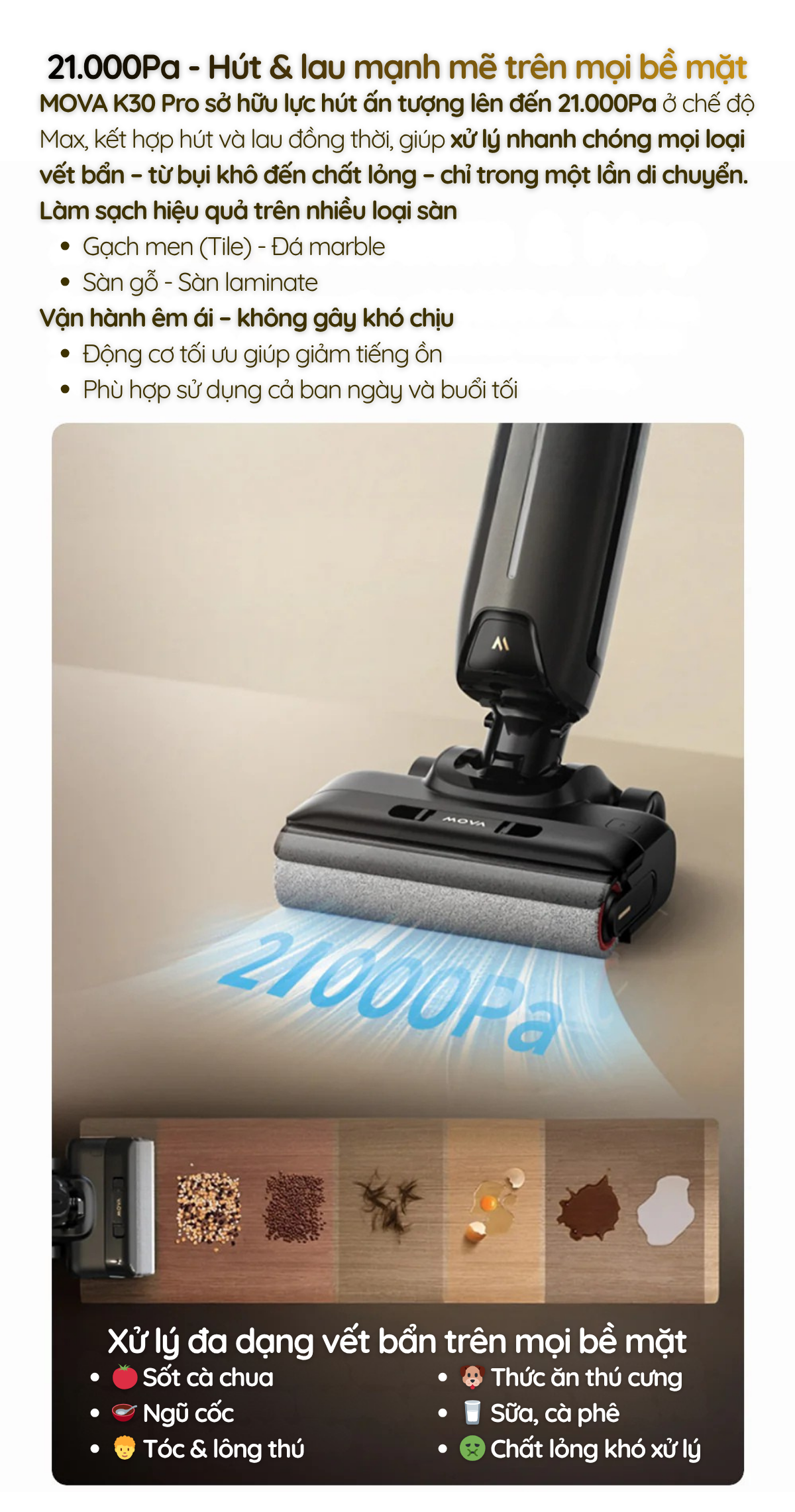MOVA K30 Pro -21.000Pa Versatile Suction – Lực hút đa năng mạnh mẽ