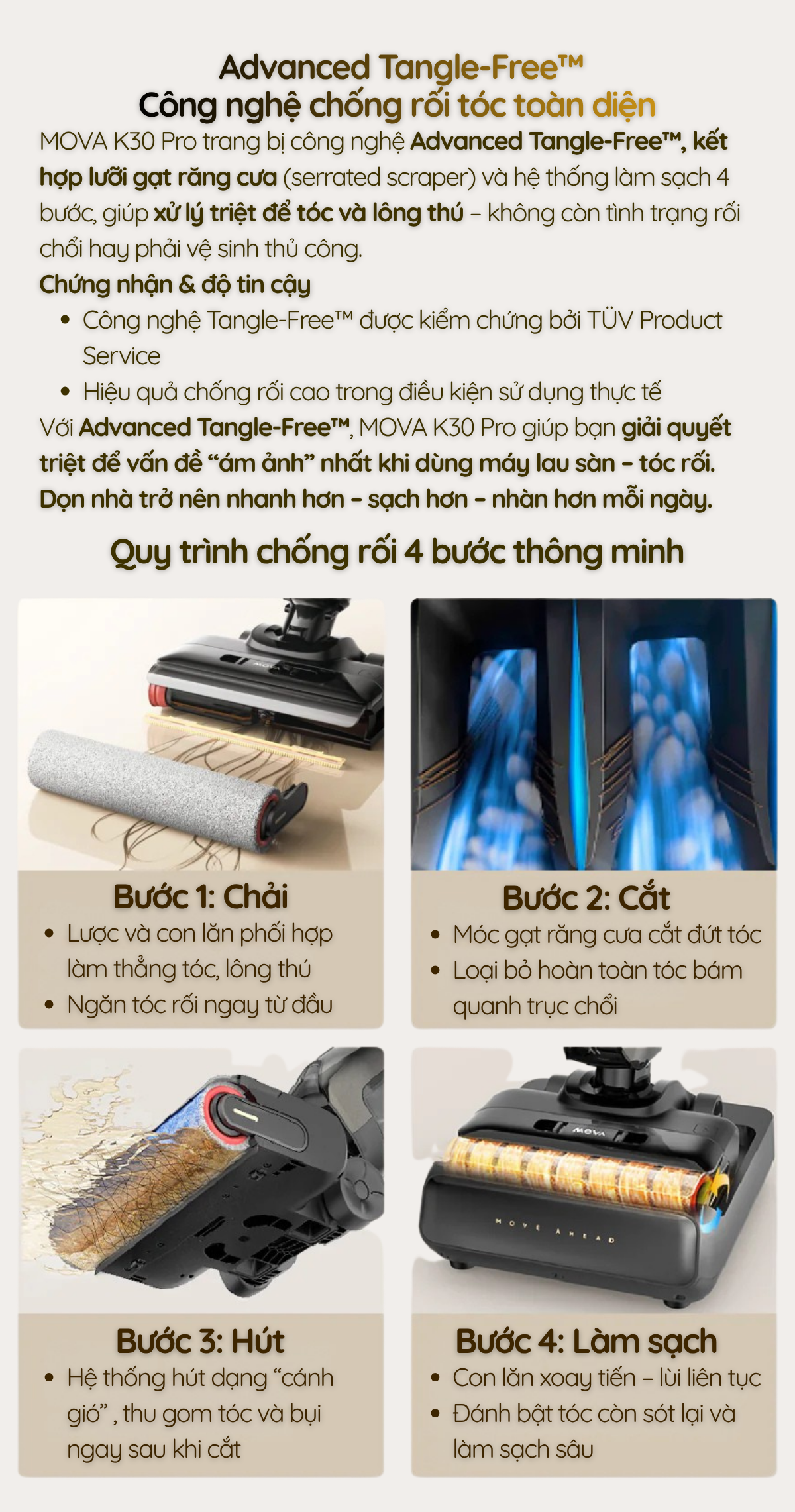 MOVA K30 Pro trang bị công nghệ Advanced Tangle-Free™, kết hợp lưỡi gạt răng cưa (serrated scraper) và hệ thống làm sạch 4 bước, giúp xử lý triệt để tóc và lông thú