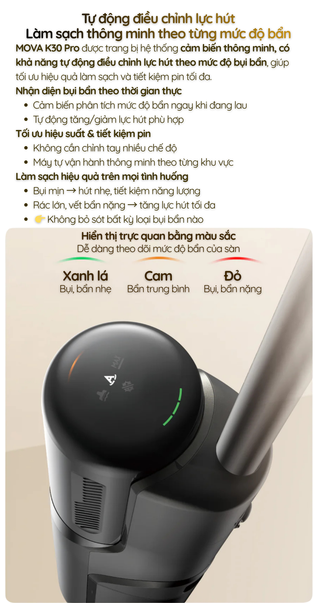 Tự động điều chỉnh lực hút Làm sạch thông minh theo từng mức độ bẩn