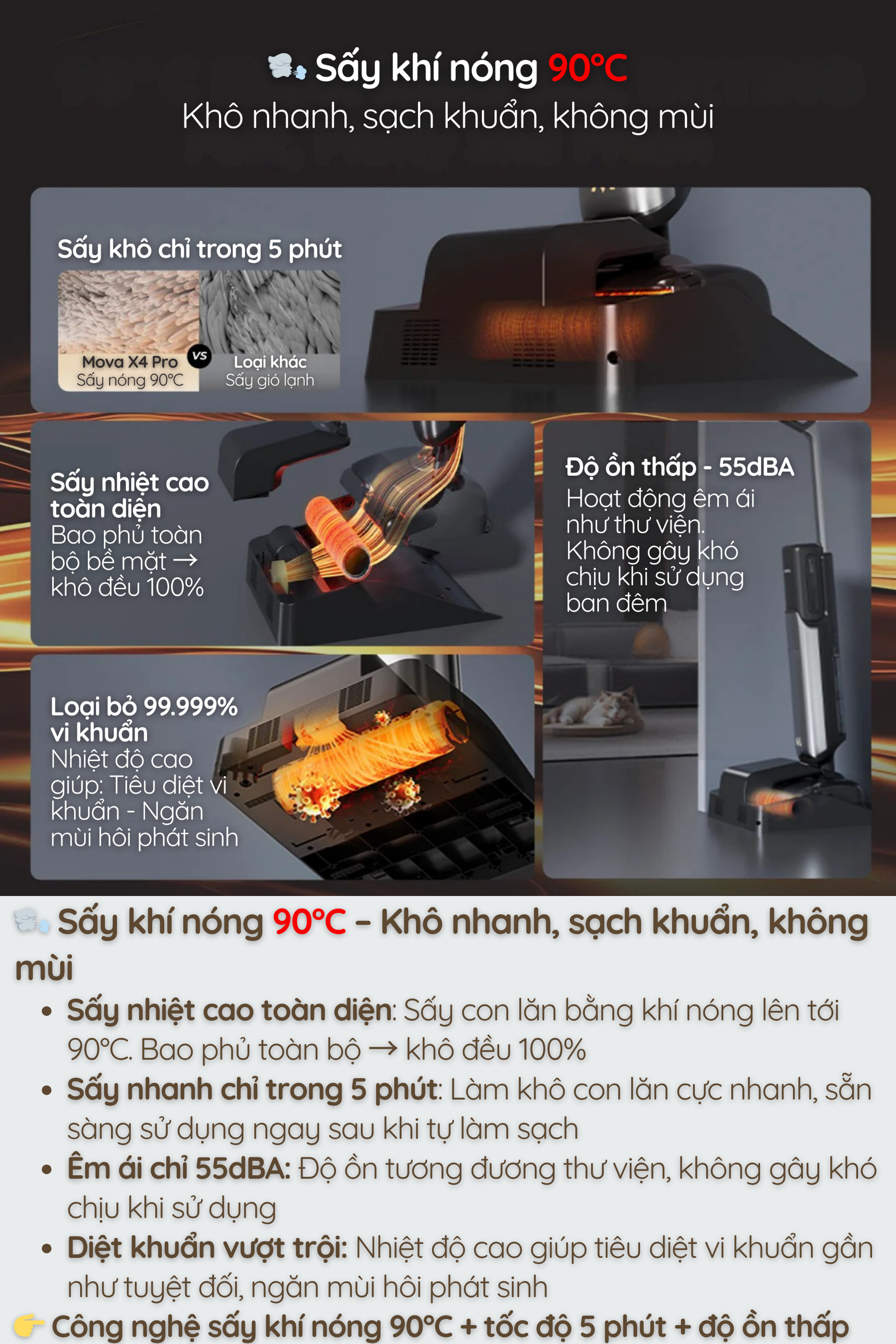 Sấy khí nóng 90°C Khô nhanh, sạch khuẩn, không mùi