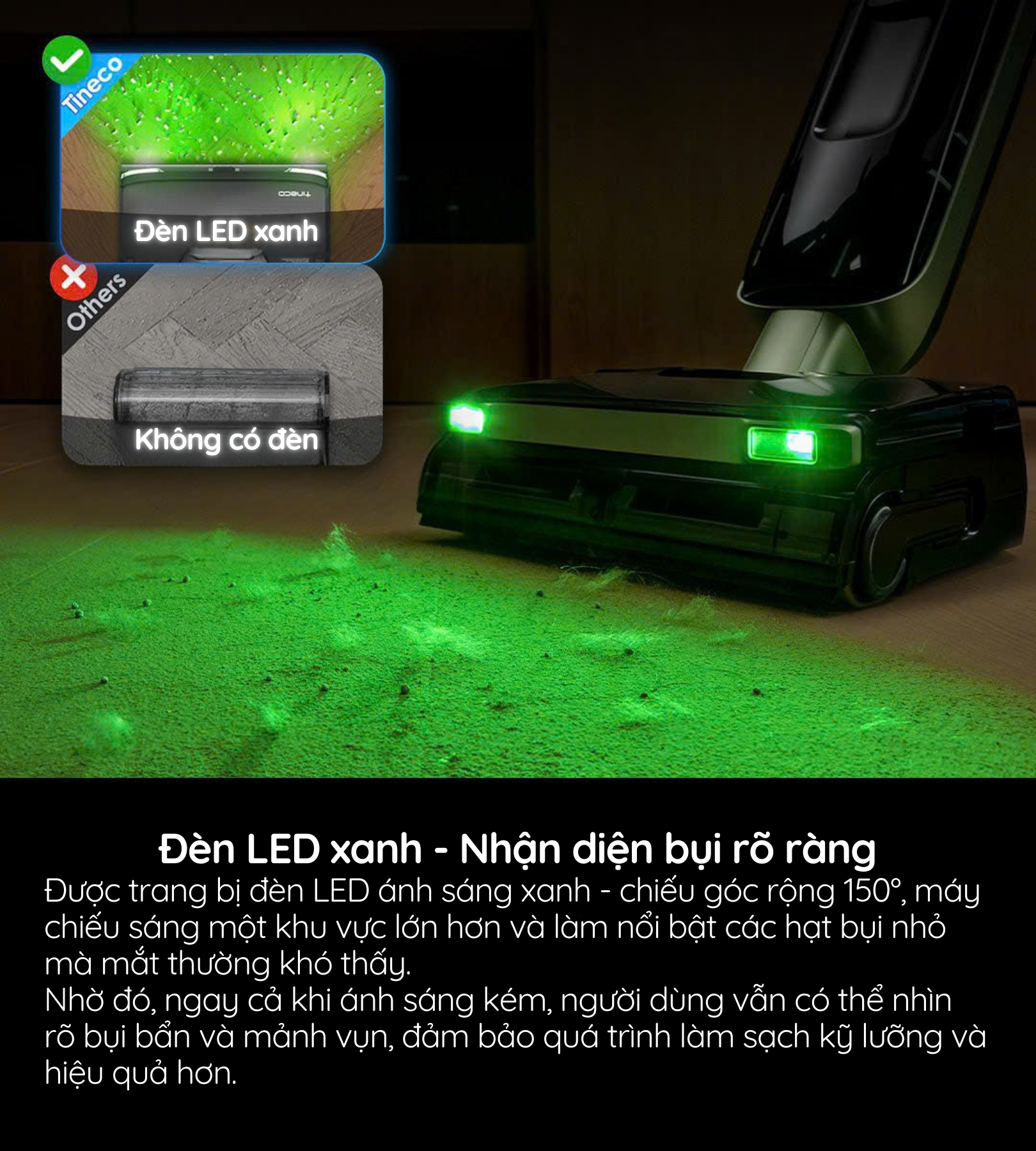 Đèn LED xanh - Nhận diện bụi rõ ràng