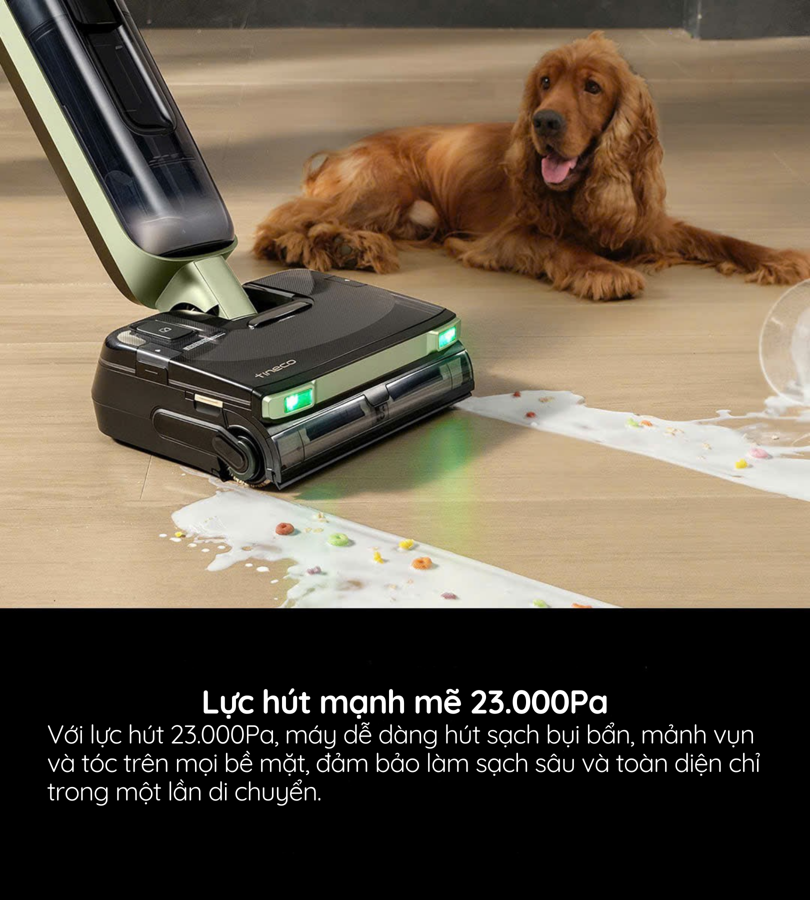 ực hút 23.000Pa, máy dễ dàng hút sạch bụi bẩn, mảnh vụn và tóc trên mọi bề mặt