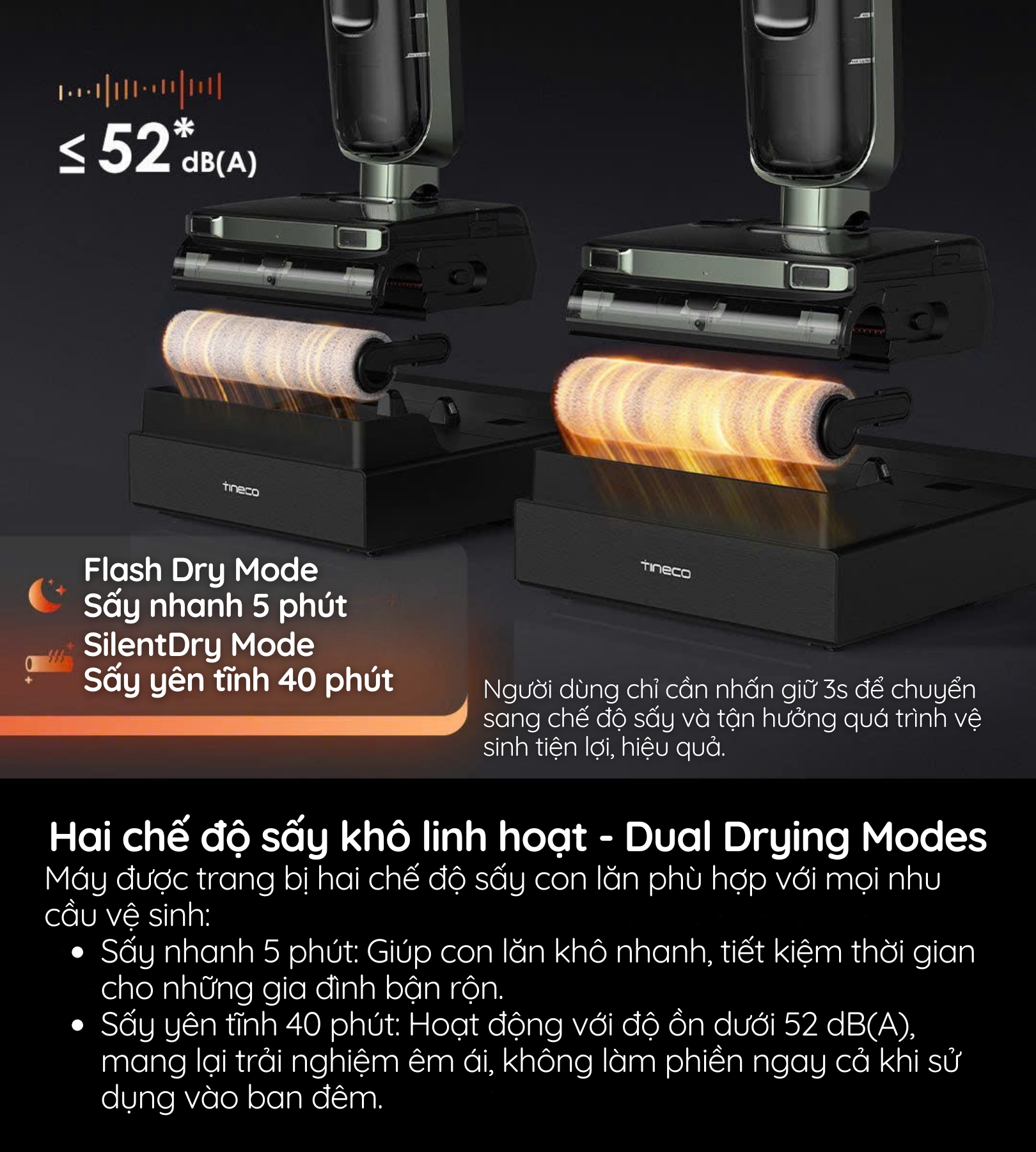 hai chế độ sấy con lăn phù hợp với mọi nhu cầu vệ sinh