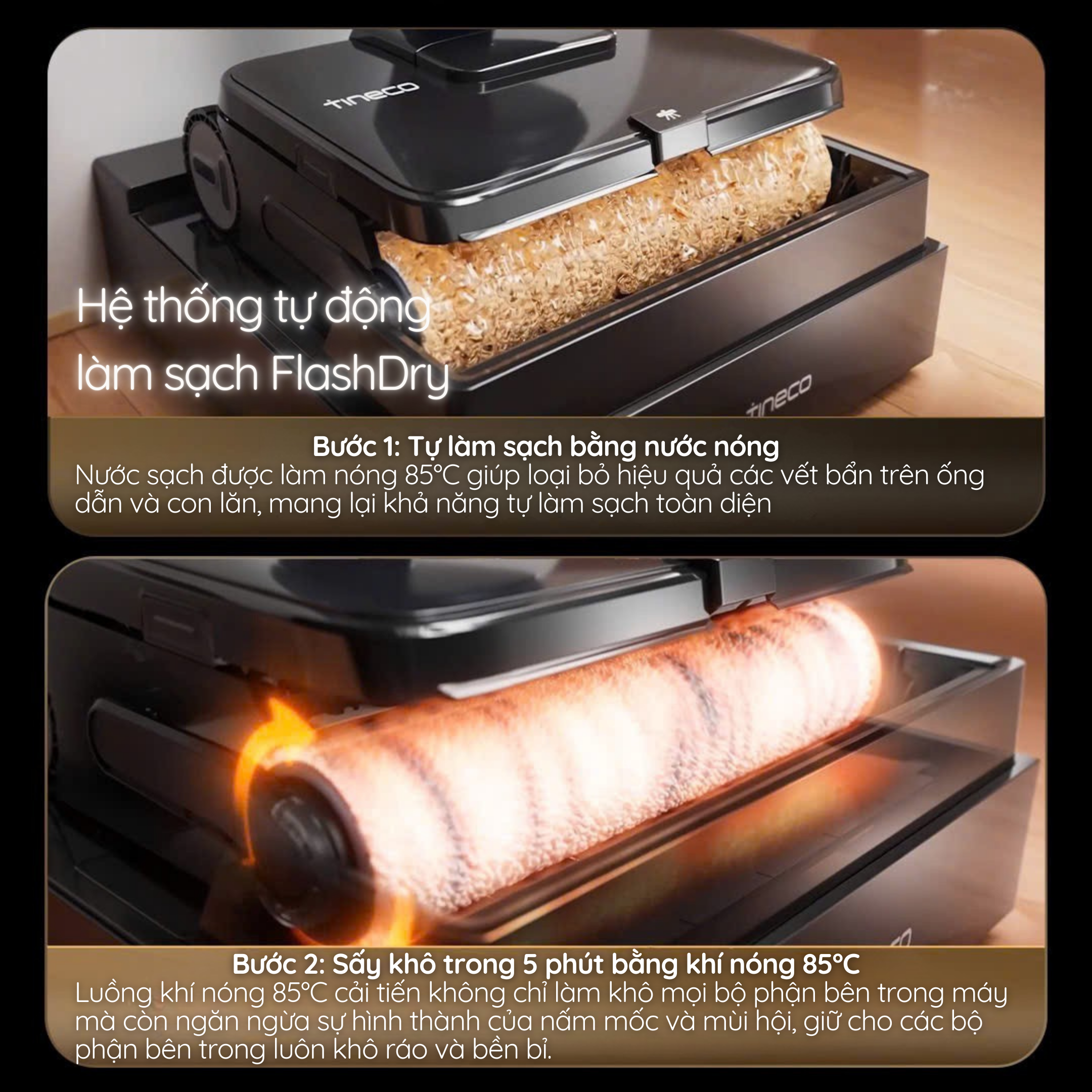 Hệ thống tự làm sạch FlashDry – Giặt và sấy con lăn bằng nước nóng 85°C