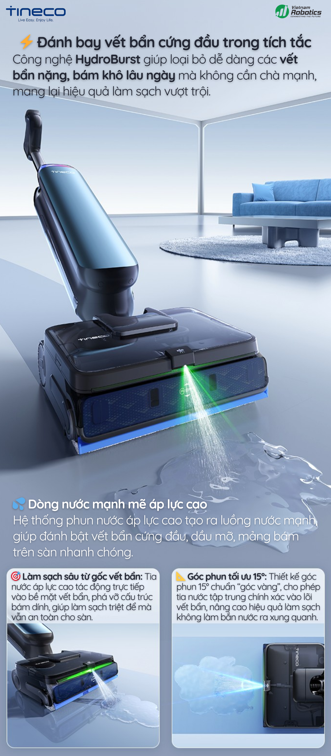 Tineco Floor One Station S9 Artist - Công nghệ HydroBurst – Đánh bay vết bẩn cứng đầu