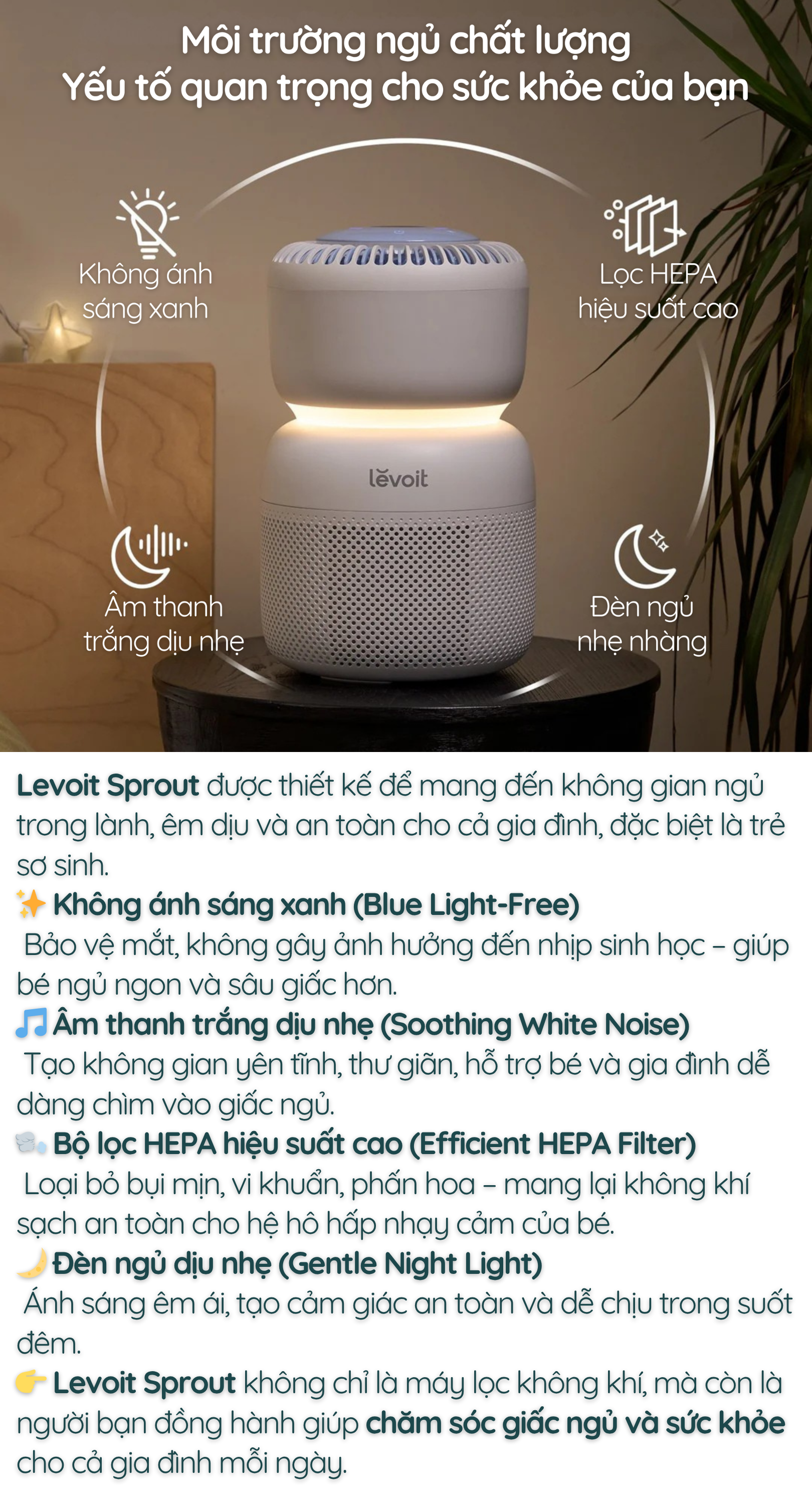 Levoit Sprout được thiết kế để mang đến không gian ngủ trong lành, êm dịu và an toàn cho cả gia đình, đặc biệt là trẻ sơ sinh.