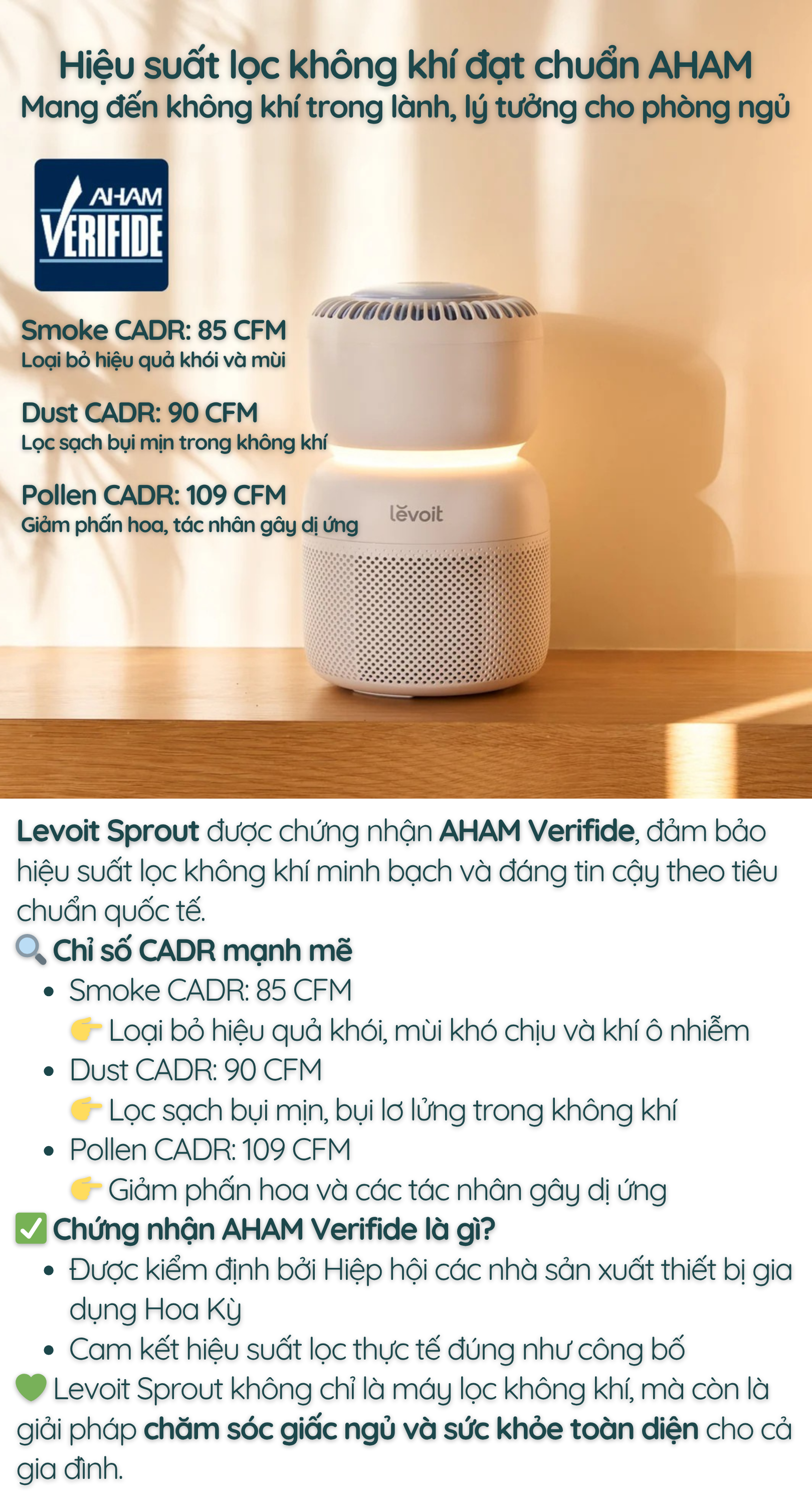 Levoit Sprout được chứng nhận AHAM Verifide, đảm bảo hiệu suất lọc không khí minh bạch và đáng tin cậy theo tiêu chuẩn quốc tế.