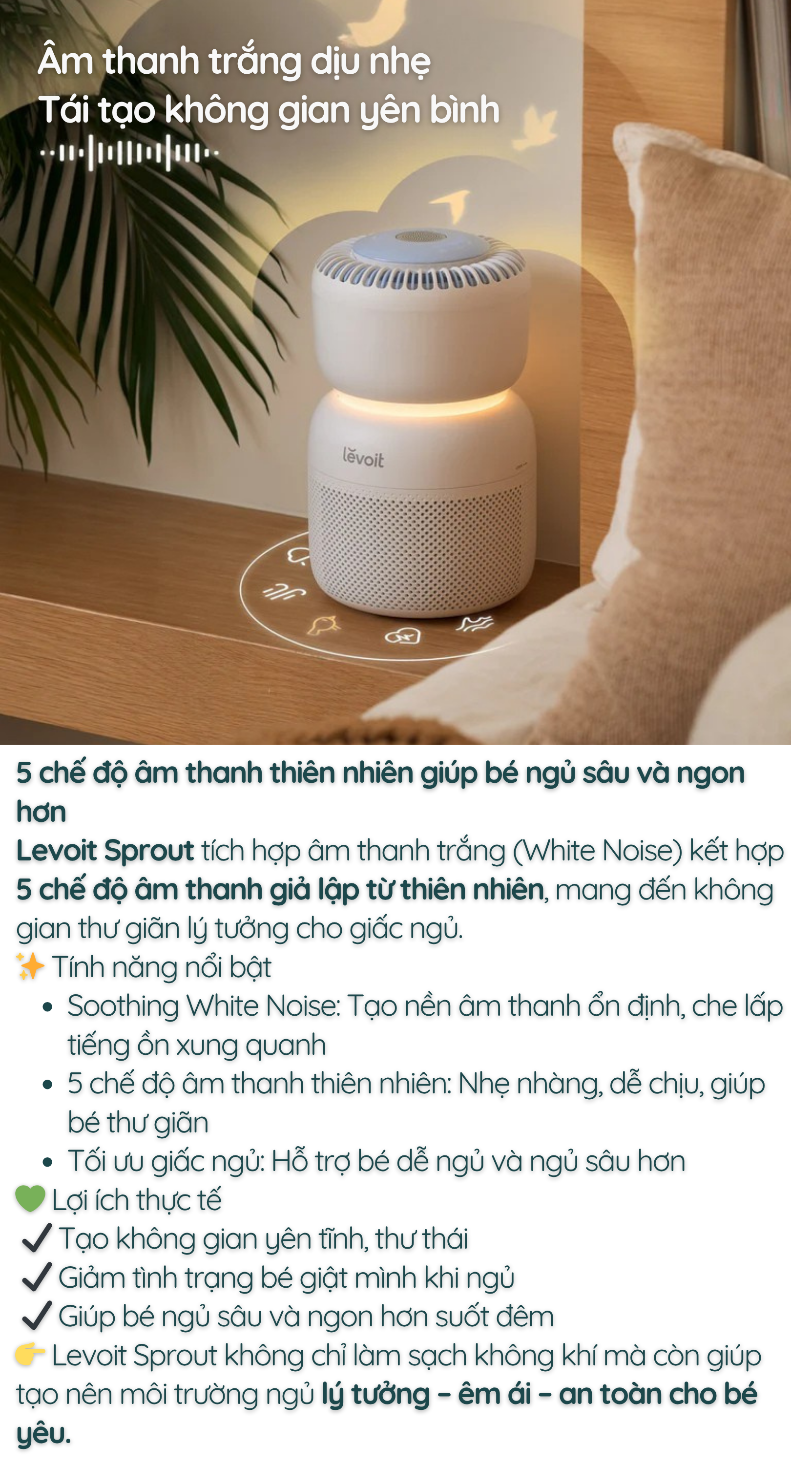 Levoit Sprout tích hợp âm thanh trắng (White Noise) kết hợp 5 chế độ âm thanh giả lập từ thiên nhiên, mang đến không gian thư giãn lý tưởng cho giấc ngủ.