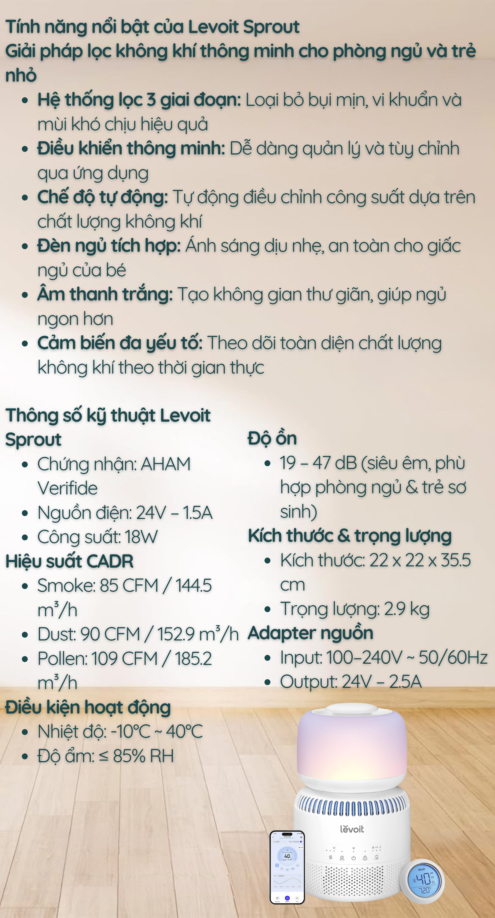 Tính năng nổi bật của Levoit Sprout Giải pháp lọc không khí thông minh cho phòng ngủ và trẻ nhỏ