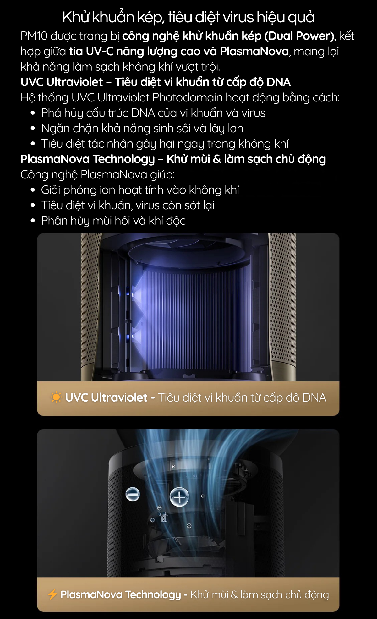 PM10 được trang bị công nghệ khử khuẩn kép (Dual Power), kết hợp giữa tia UV-C năng lượng cao và PlasmaNova