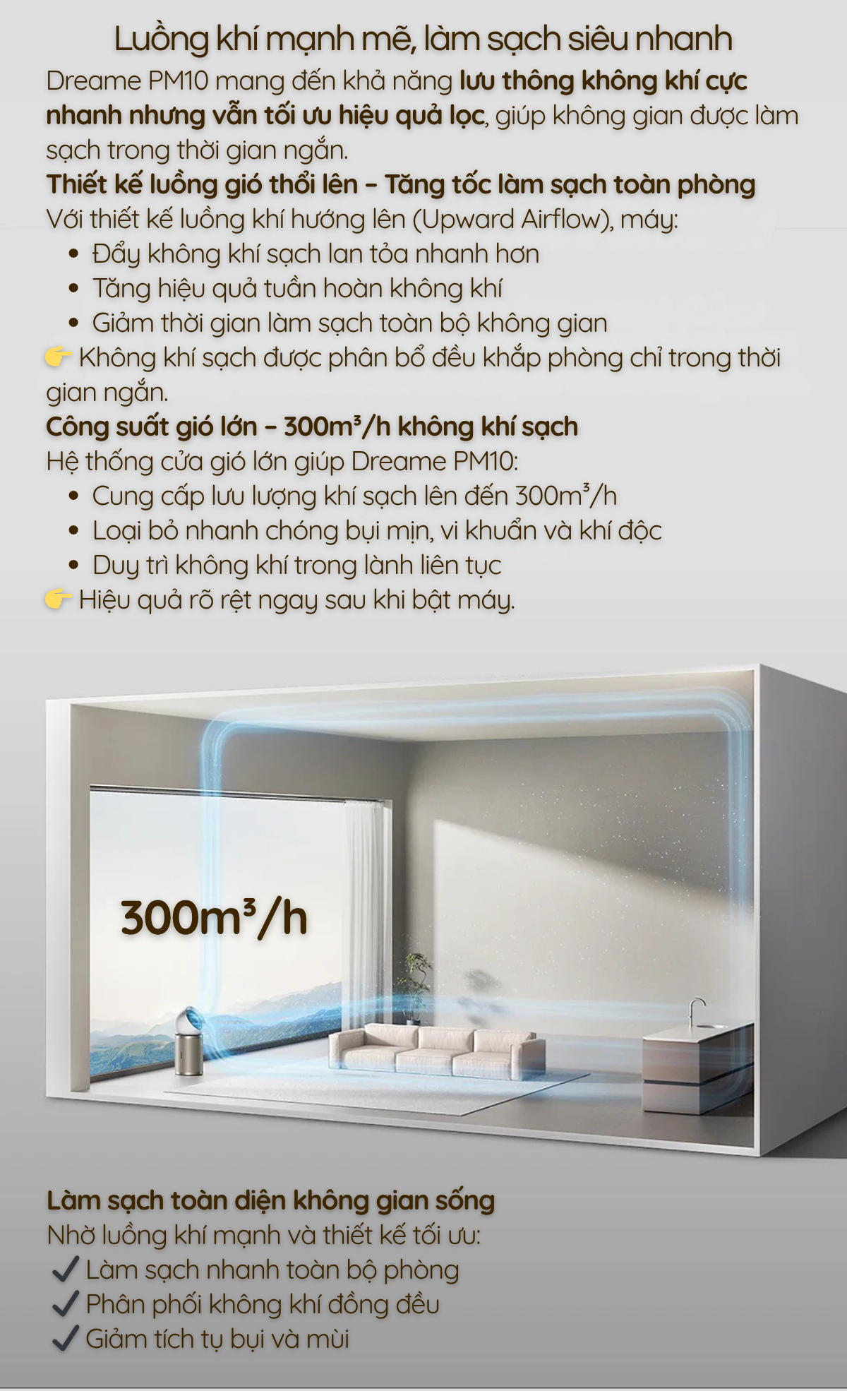 Luồng khí mạnh mẽ, làm sạch siêu nhanh