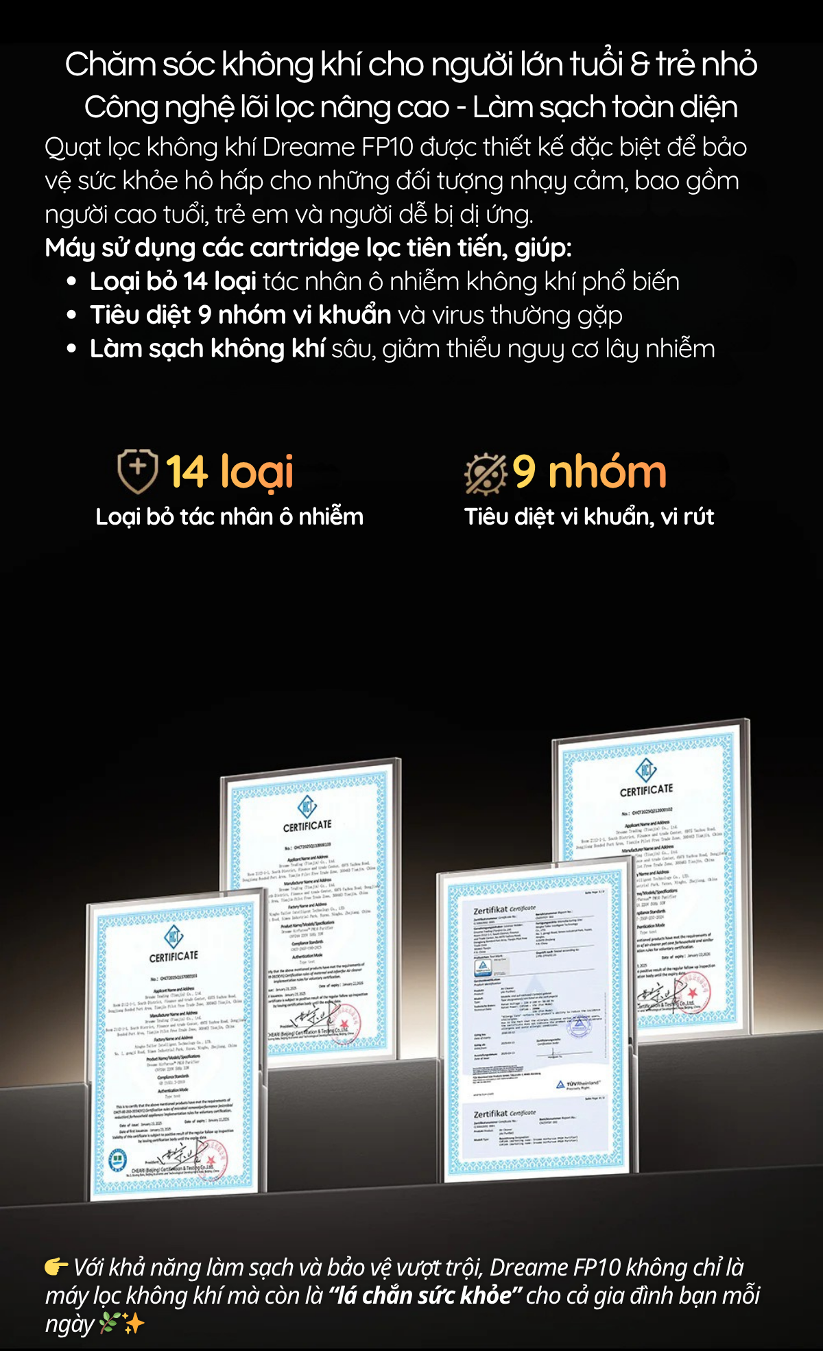 Quạt lọc không khí Dreame FP10 được thiết kế đặc biệt để bảo vệ sức khỏe hô hấp cho những đối tượng nhạy cảm, bao gồm người cao tuổi, trẻ em và người dễ bị dị ứng.