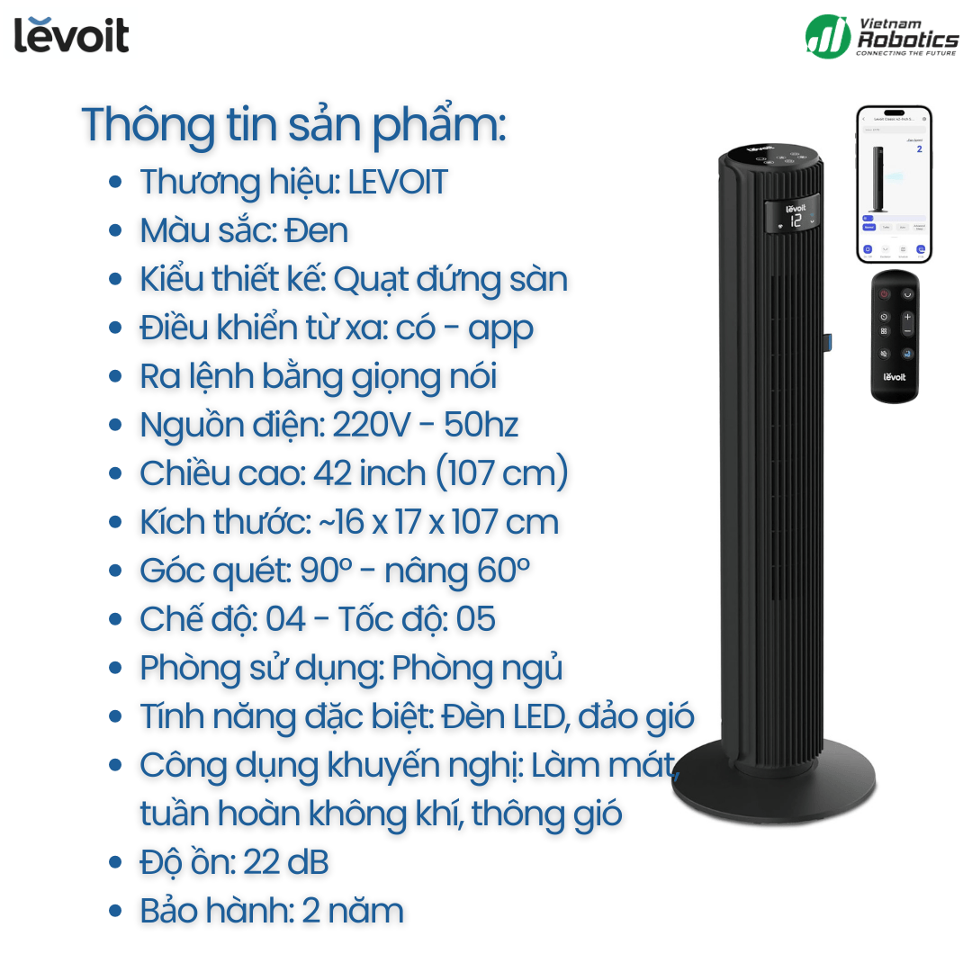 Thông Số Kỹ Thuật Quạt Tháp Thông Minh LEVOIT Classic 42 inch
