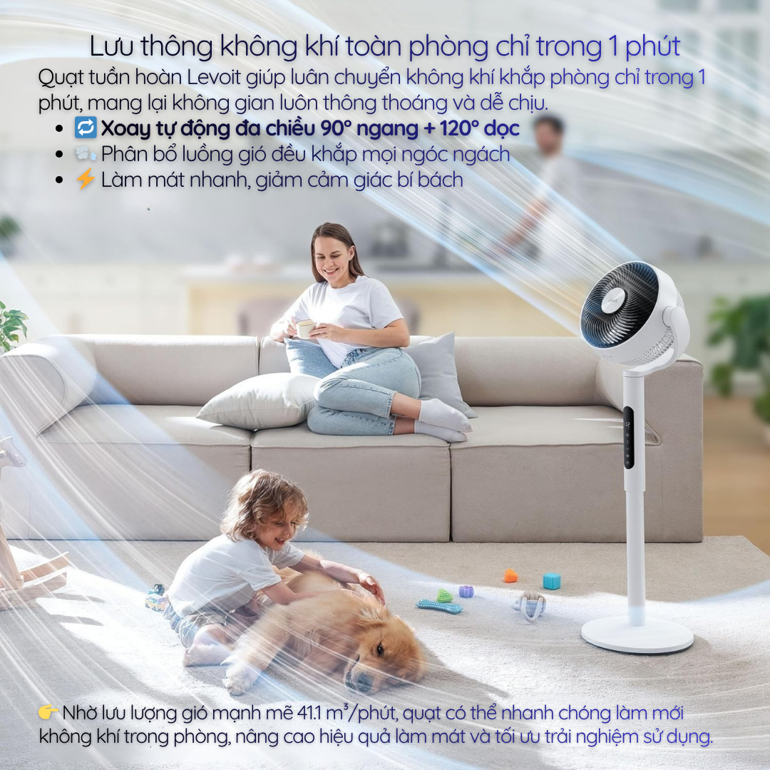 Quạt tuần hoàn Levoit giúp luân chuyển không khí khắp phòng chỉ trong 1 phút, mang lại không gian luôn thông thoáng và dễ chịu.