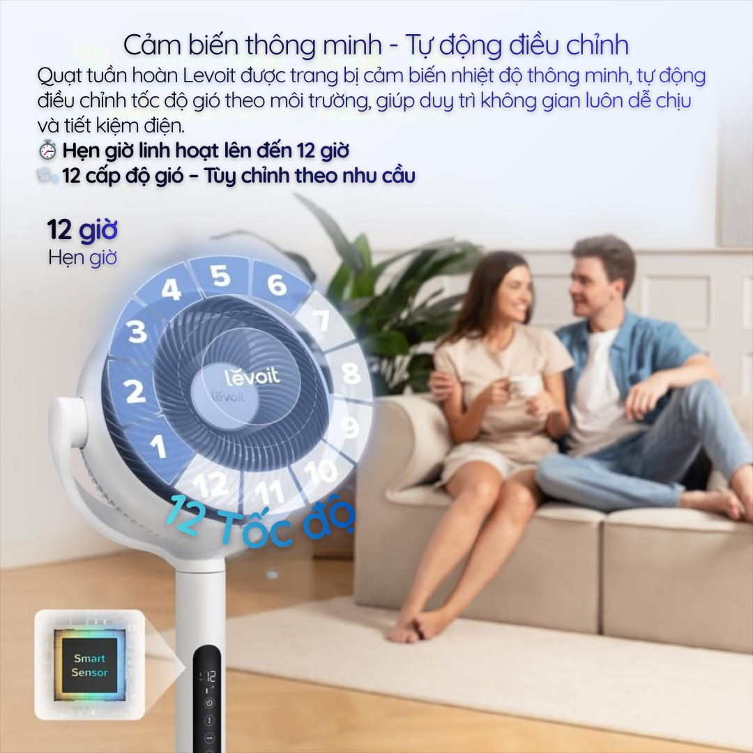 Quạt tuần hoàn Levoit được trang bị cảm biến nhiệt độ thông minh, tự động điều chỉnh tốc độ gió theo môi trường, giúp duy trì không gian luôn dễ chịu và tiết kiệm điện.
